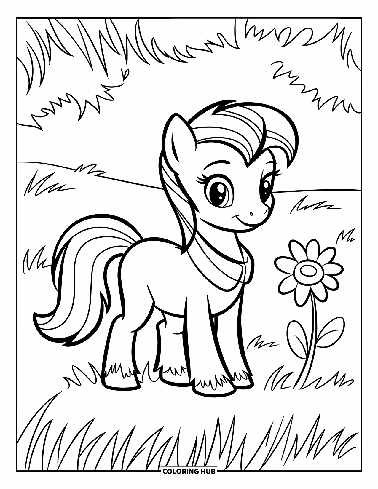 Pony Ausmalbild für Kinder: Ein Pony mit einem lila Halsband steht im Gras neben einer einzelnen kleinen Blume