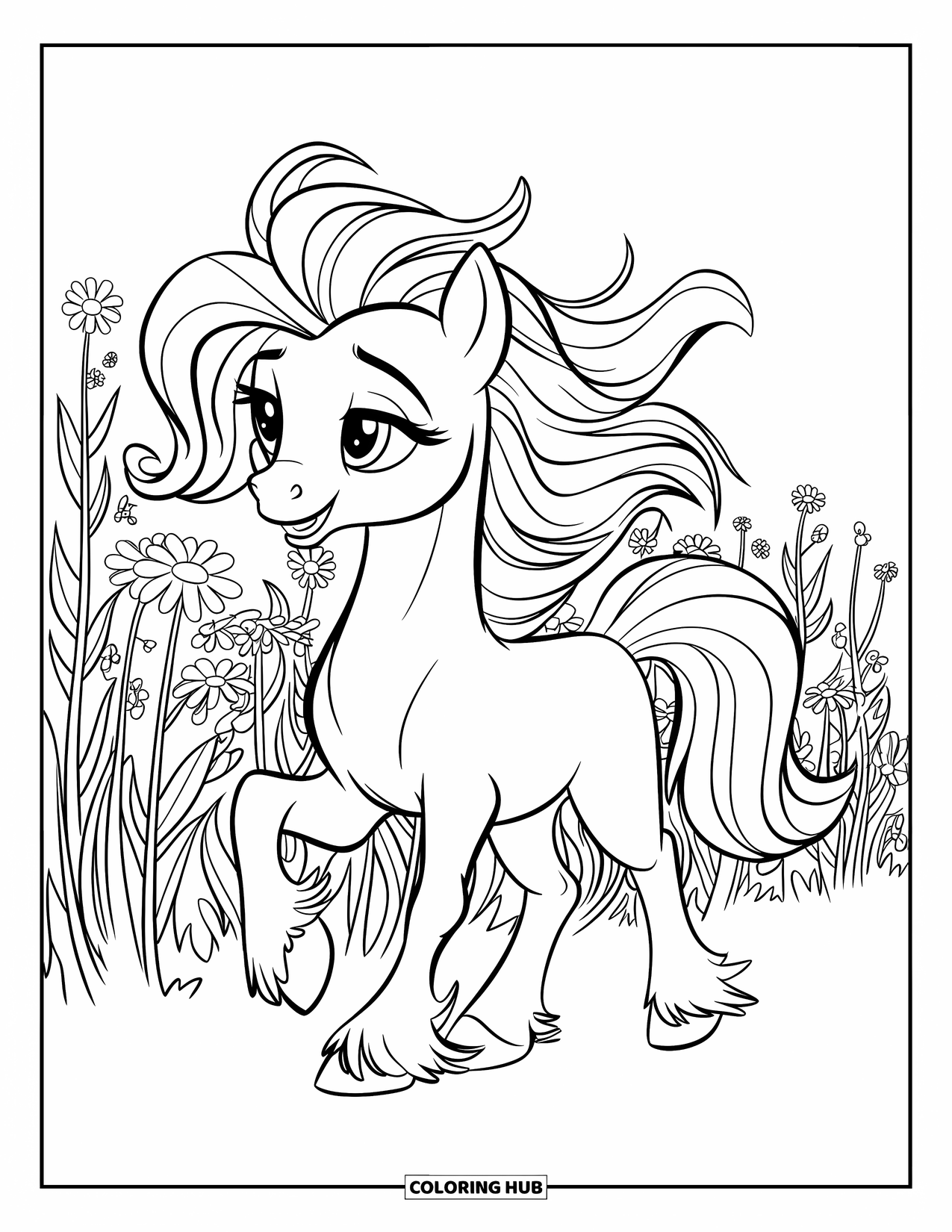 Pony Ausmalbild für Kinder: Ein Pony mit einem Band um den Hals geht durch ein Feld mit hohen Blumen