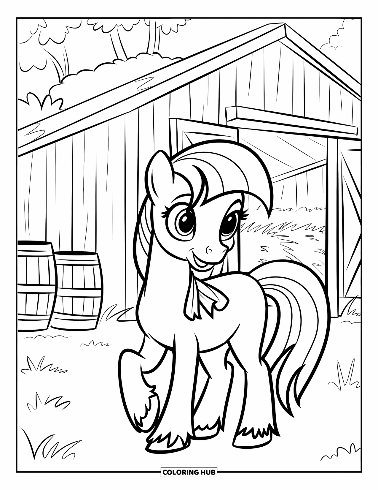 Pony Ausmalbild für Kinder: Ein Pony mit einem Band steht in der Nähe einer Scheune mit Fässern und Gras