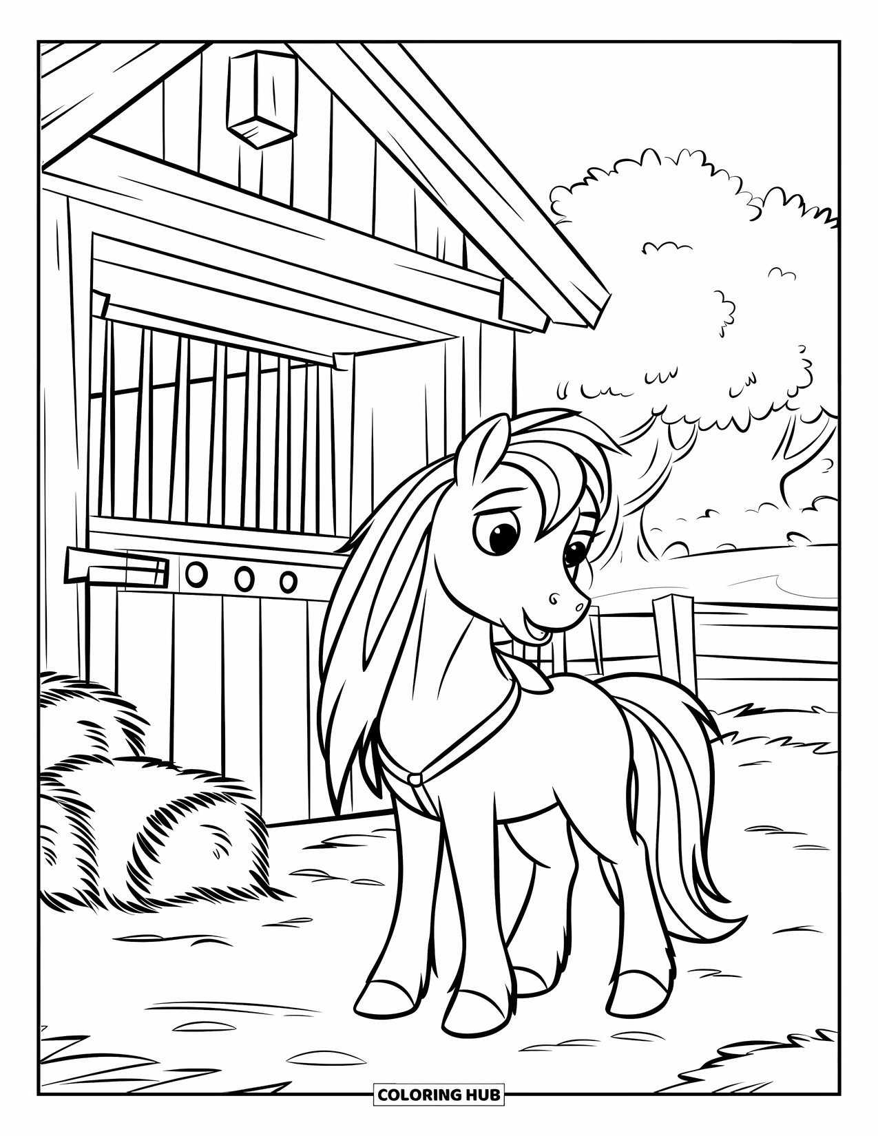 Pony Ausmalbild für Kinder: Ein Pony mit einem Sattel steht in der Nähe eines Holzstalls mit Heu und Bäumen