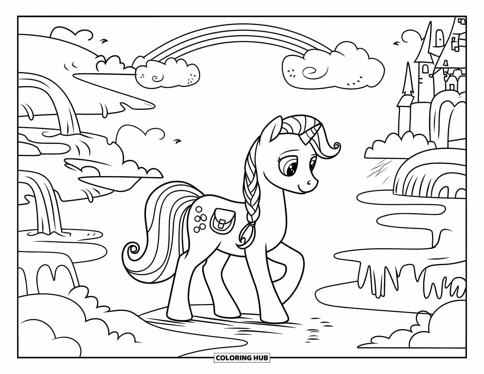 Pony Ausmalbild für Kinder: Ein Pony mit einer Schultasche und geflochtener Mähne geht durch verträumte Wolken, Inseln und einen Regenbogen