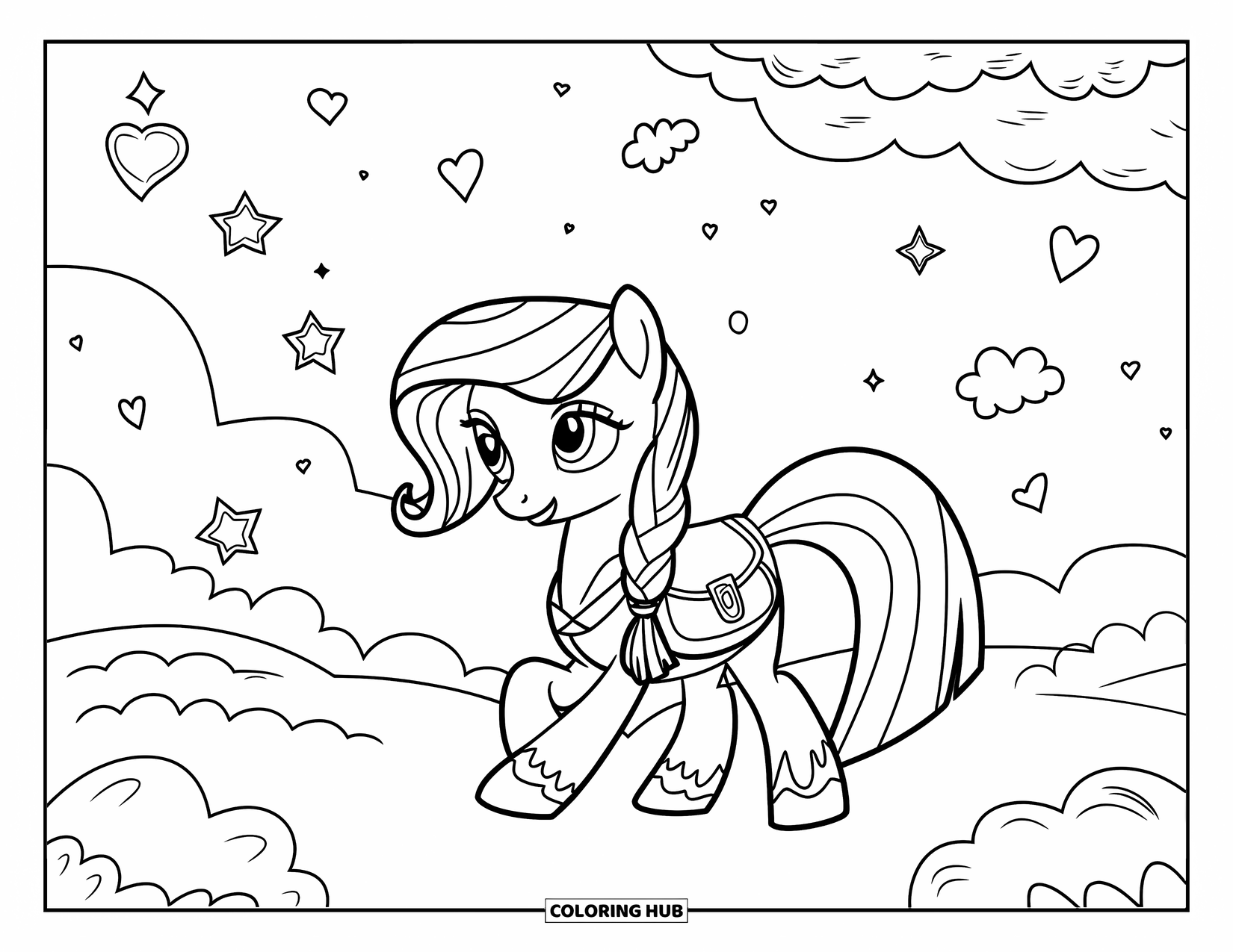 Pony Ausmalbild für Kinder: Ein Pony mit einer Schultasche und geflochtener Mähne geht unter Wolken, Herzen und Sternen