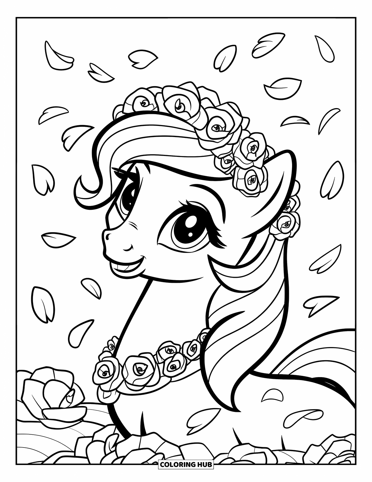 Pony Ausmalbild für Kinder: Ein Pony mit geneigtem Kopf und Blumenkranz ist von weichen Rosenblättern umgeben