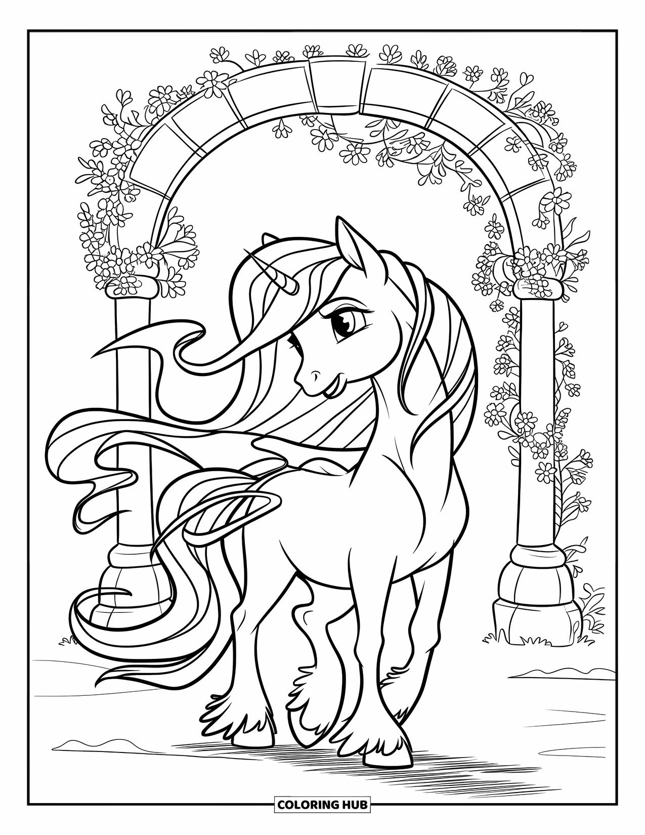 Pony Ausmalbild für Kinder: Ein Pony mit einer welligen Mähne und Bändern steht an einem mit Blumen geschmückten Steinbogen