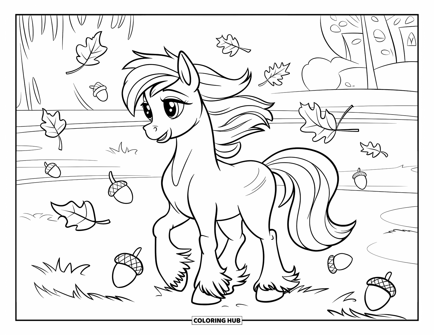 Pony Ausmalbild für Kinder: Ein Pony mit einer weißen Mähne steht auf einem Feld voller Herbstblätter und Bäume