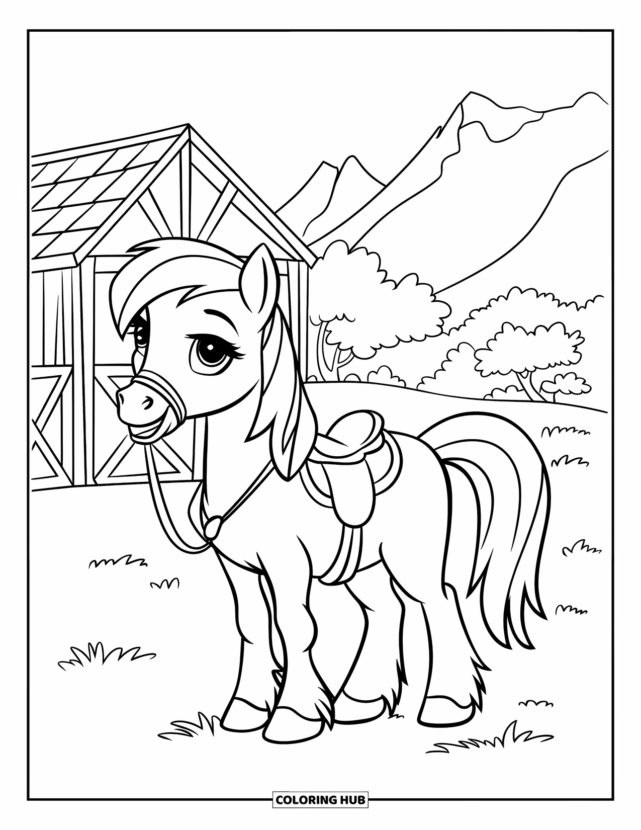 Pony Ausmalbild für Kinder: Ein Pony mit einer weißen Mähne steht in der Nähe eines rot gedeckten Stalls und grünen Bäumen