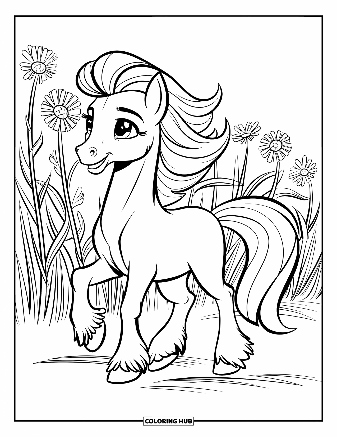 Pony Ausmalbild für Kinder: Ein Pony mit wallendem Haar schlendert durch ein Feld voller hoher Blumen