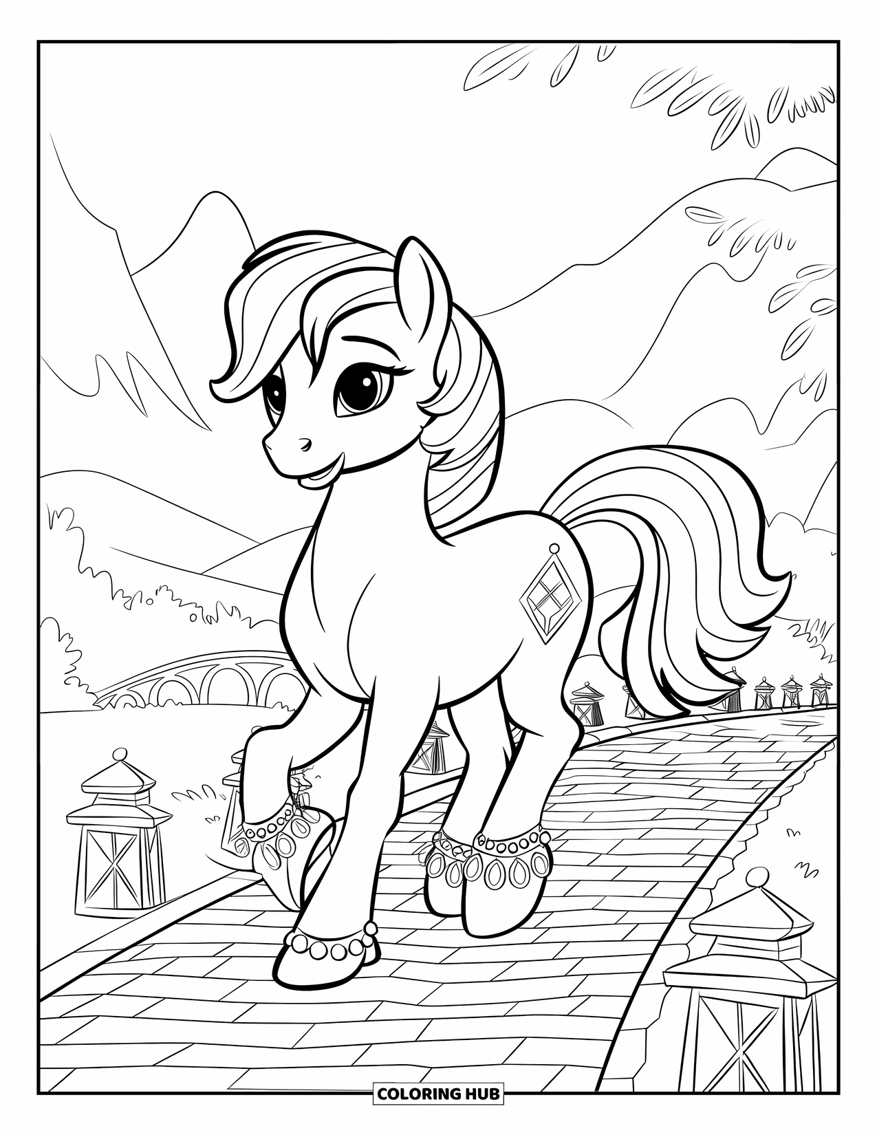 Pony Ausmalbild für Kinder: Ein Pony mit Juwelen an den Fußgelenken trabt einen laternenbeleuchteten Pfad in den Bergen hinunter
