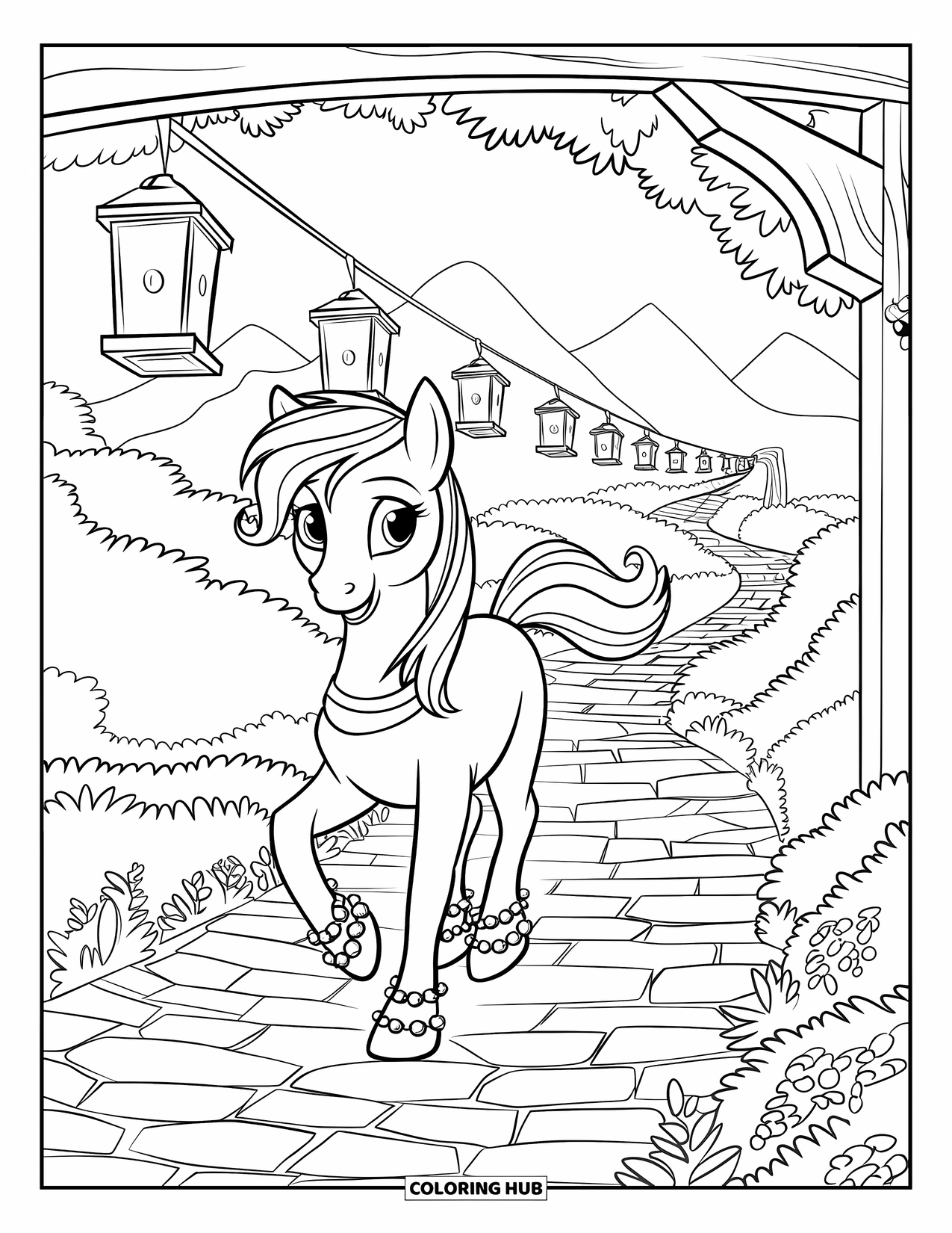 Pony Ausmalbild für Kinder: Ein Pony mit Juwelen an den Fußgelenken geht unter hängenden Laternen auf einem Kopfsteinpflasterweg
