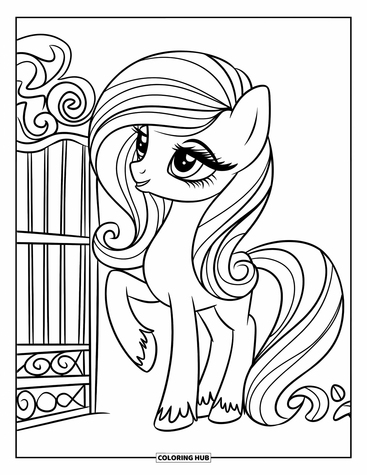 Pony Ausmalbild für Kinder: Ein Pony mit seidigem Haar und hübschen Wimpern steht in der Nähe eines schicken Gartentors