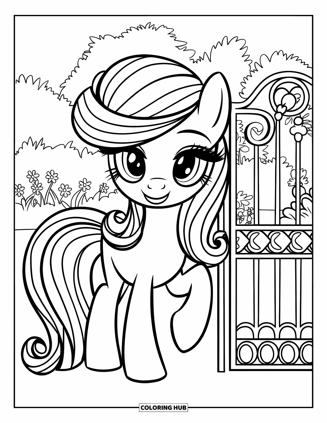 Pony Ausmalbild für Kinder: Ein Pony mit weichem Haar posiert neben einem blumenbedeckten Tor in einem schönen Garten