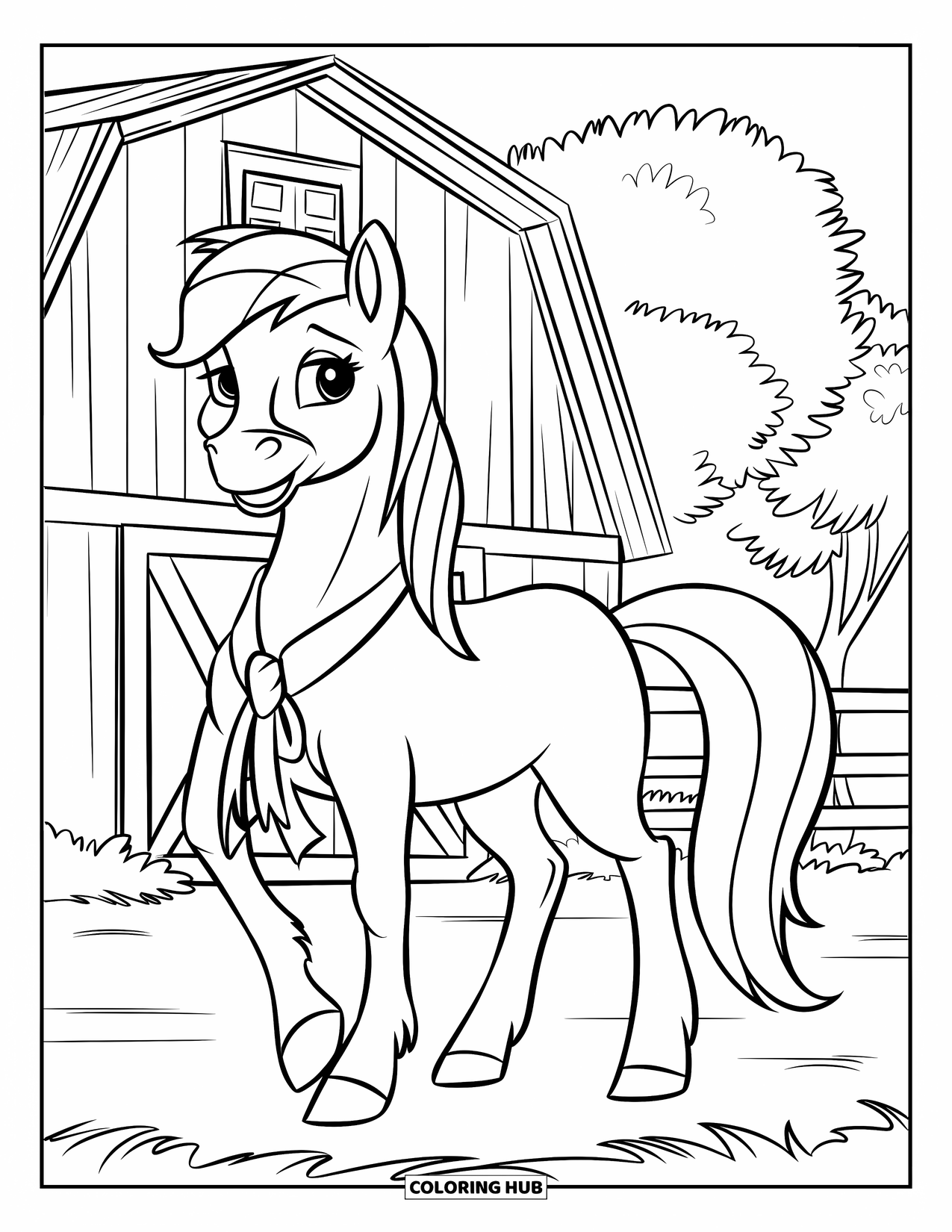 Pony Ausmalbild für Kinder: Ein stolzes Pony mit einem Band steht vor einer gemütlichen Scheune