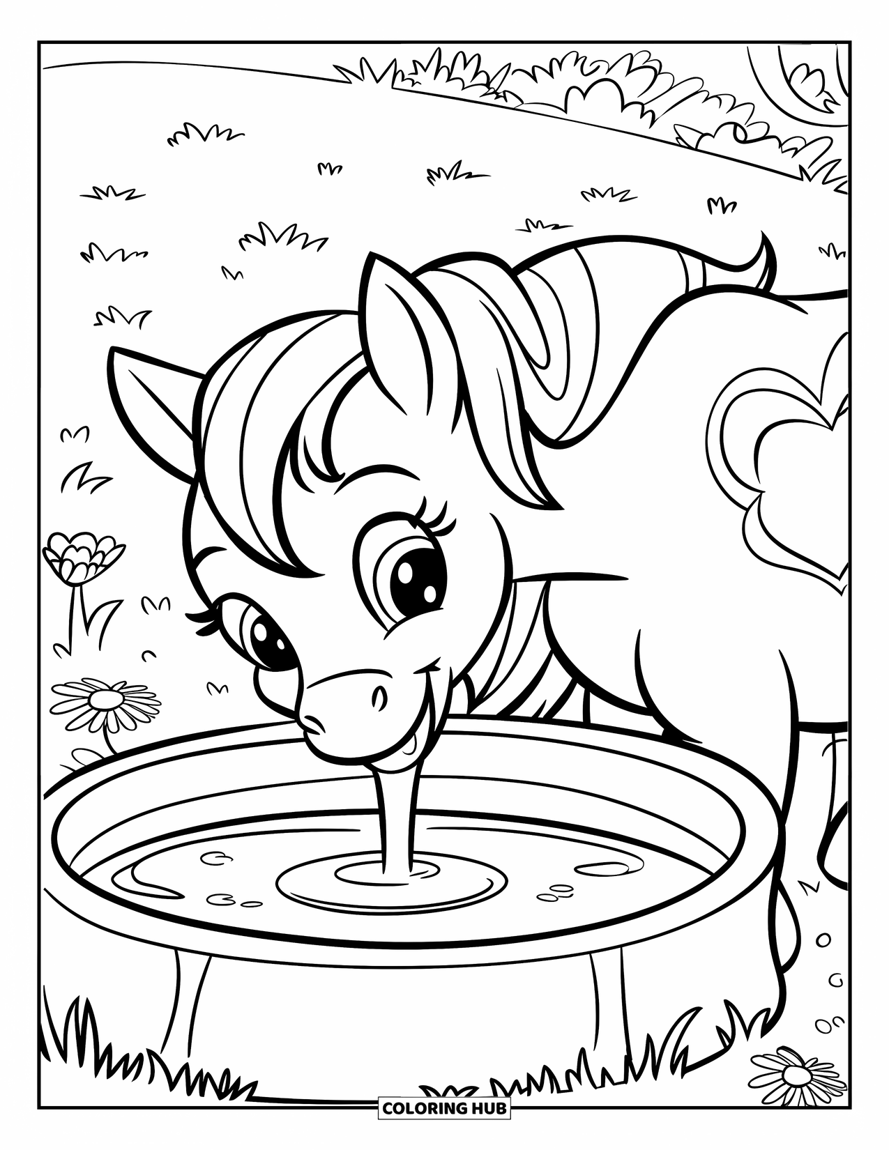Pony Ausmalbild für Kinder: Ein lächelndes Pony mit einer Herzmarkierung trinkt aus einem Trog auf einer blumenreichen Wiese