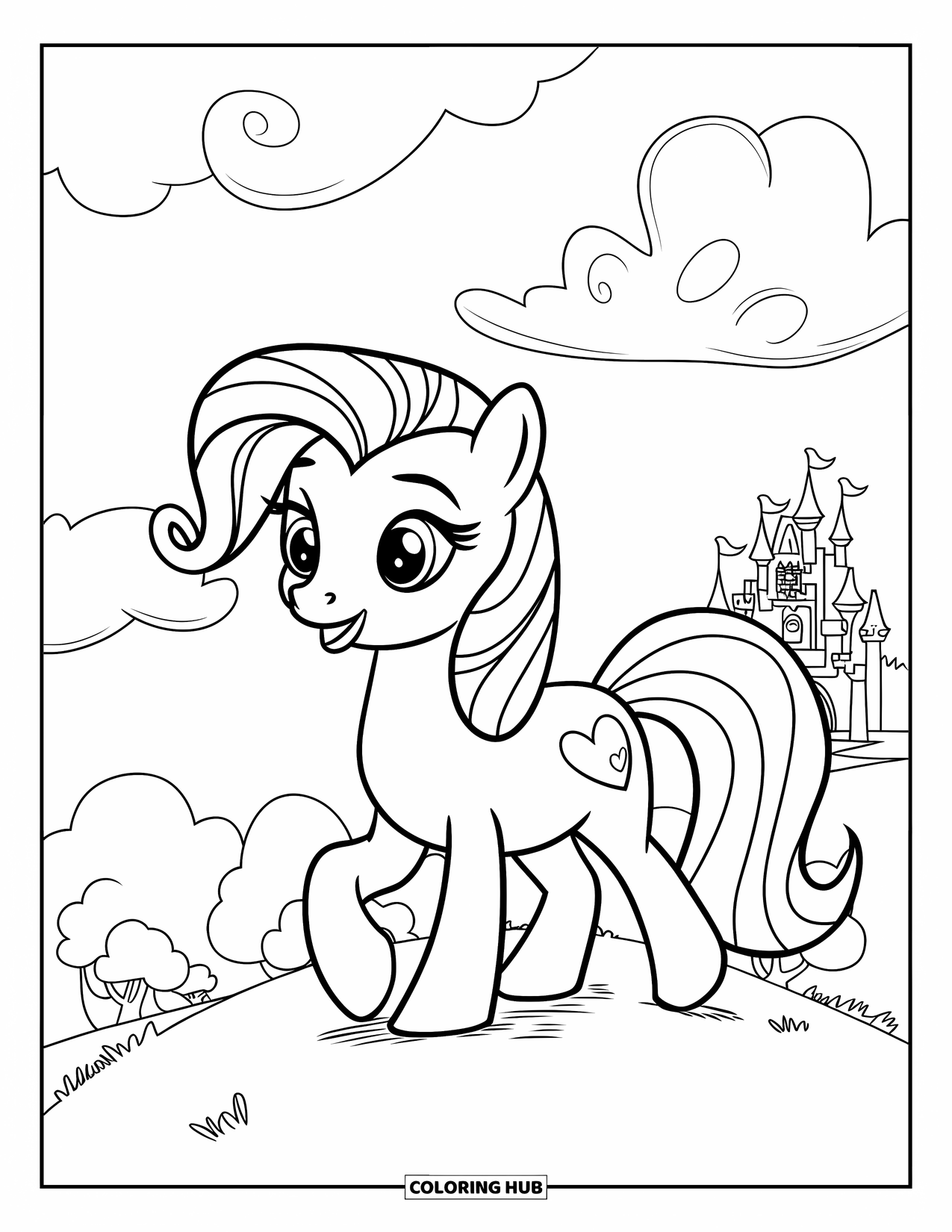 Pony Ausmalbild für Kinder: Ein lächelndes Pony mit einer herzförmigen Mähne geht an einem Schloss und Bäumen vorbei