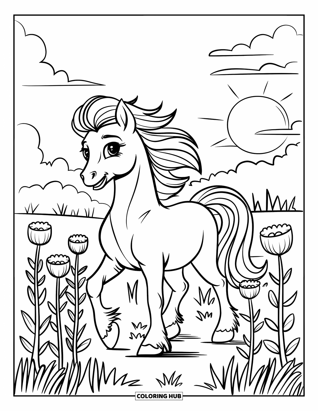 Pony Ausmalbild für Kinder: Ein stilvolles Pony geht unter Wolken und einer untergehenden Sonne durch ein Blumenfeld