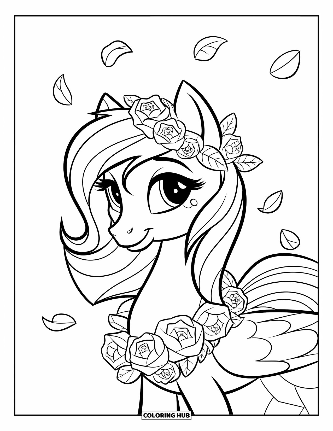 Pony Ausmalbild für Kinder: Ein süßes Pony mit einem Blumenkranz steht ruhig zwischen verstreuten Rosenblättern