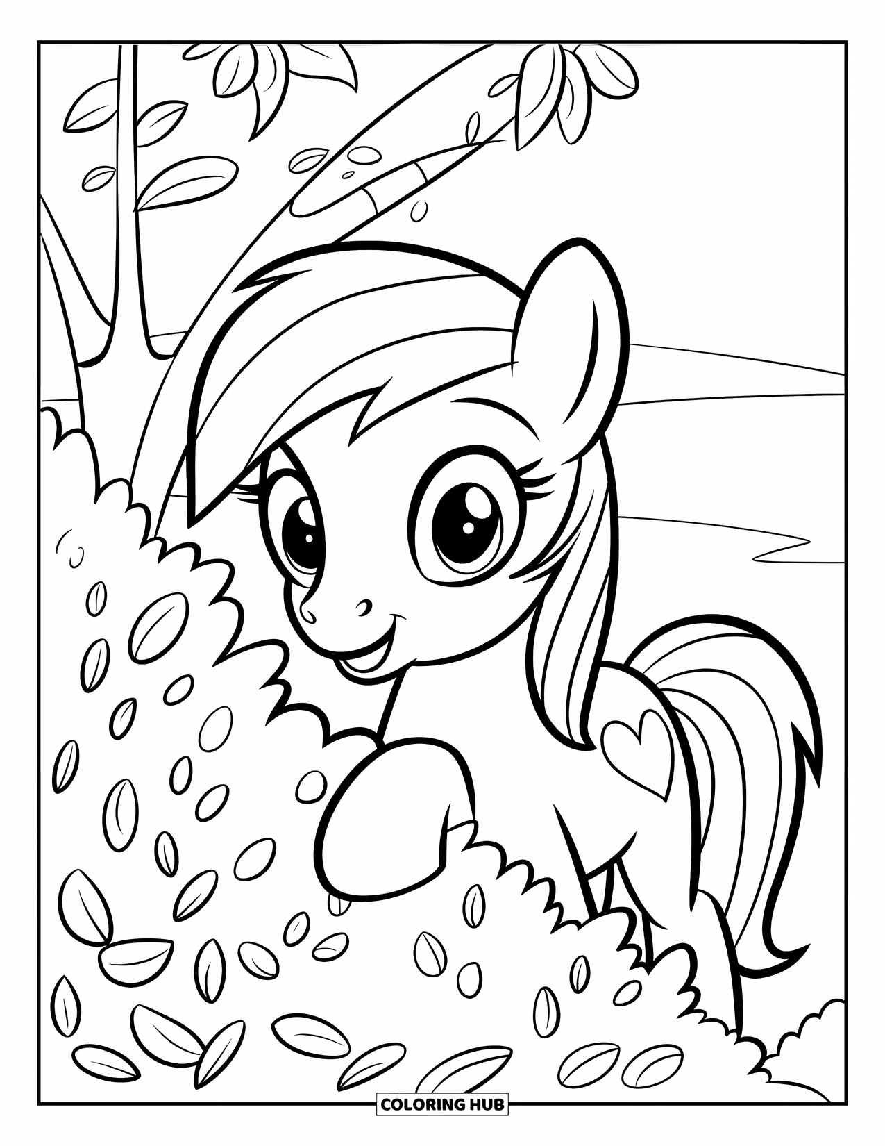 Pony Ausmalbild für Kinder: Ein süßes Pony mit einer Herzmarkierung späht hinter einem belaubten Busch hervor