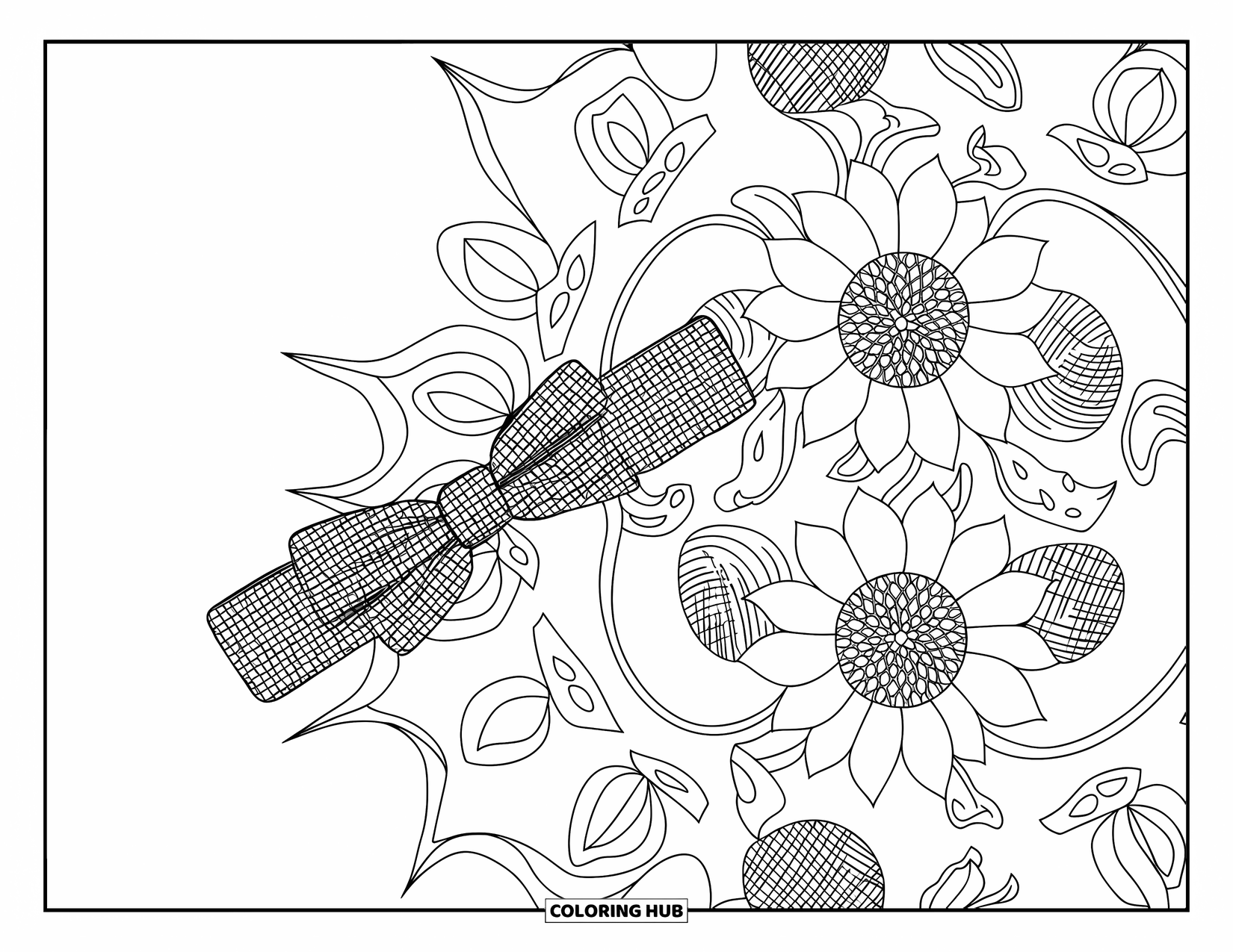 Preppy Coloring Page for Adults: A bold headband rests on a floral mandala with spirals and leafy shapes