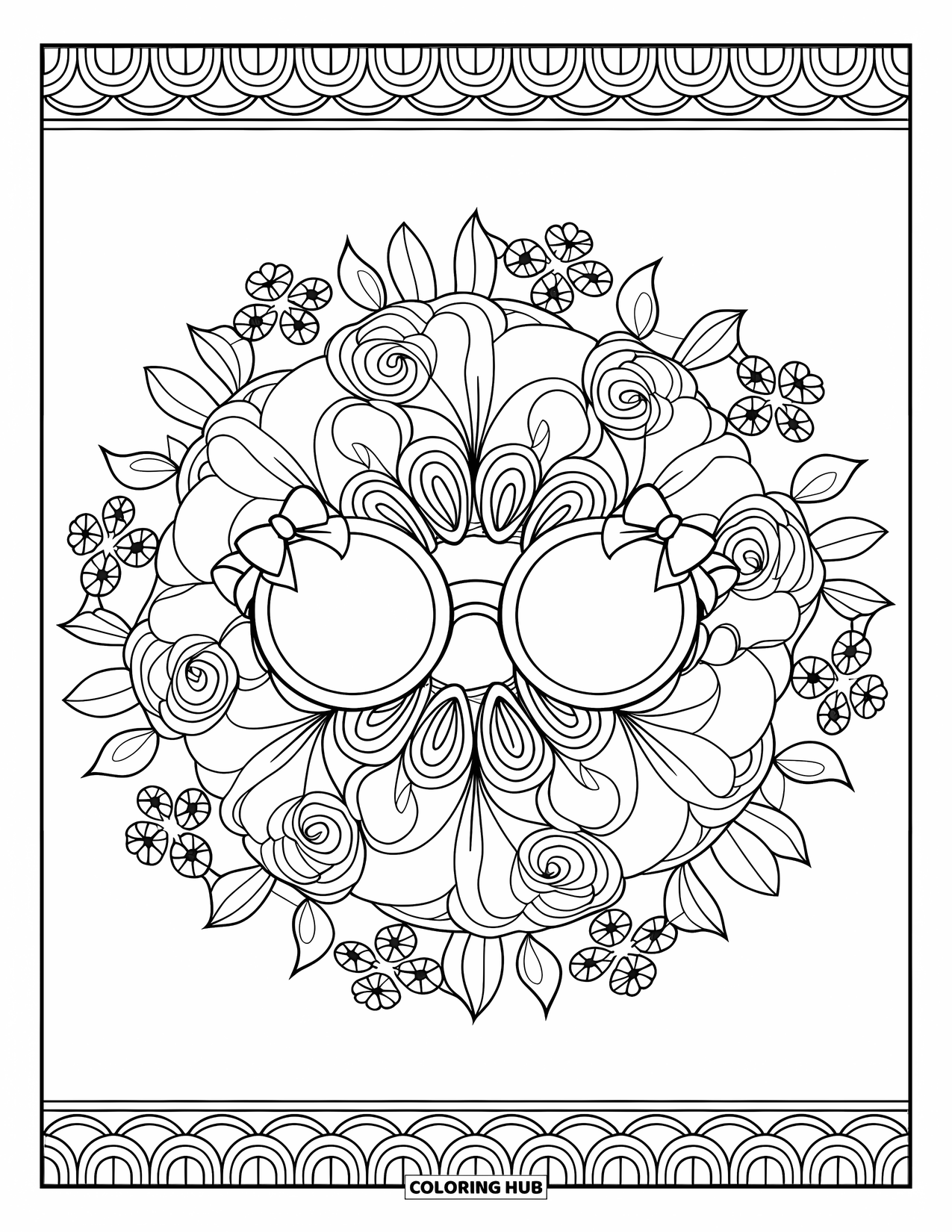 Preppy Coloring Page for Adults: A cute pair of sunglasses sits inside a mandala of roses and lilies
