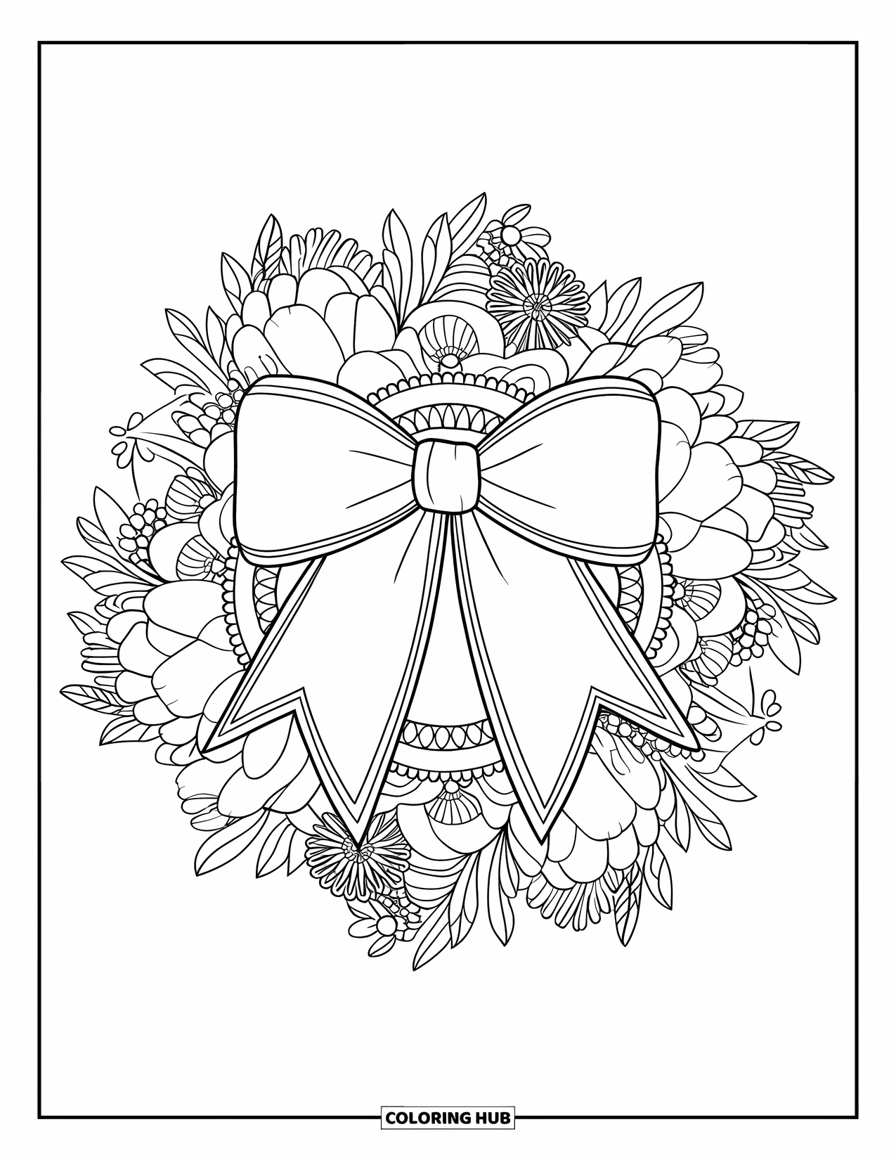 Preppy Coloring Page for Adults: A cute preppy bow sits in a detailed mandala of peonies and leaf rings
