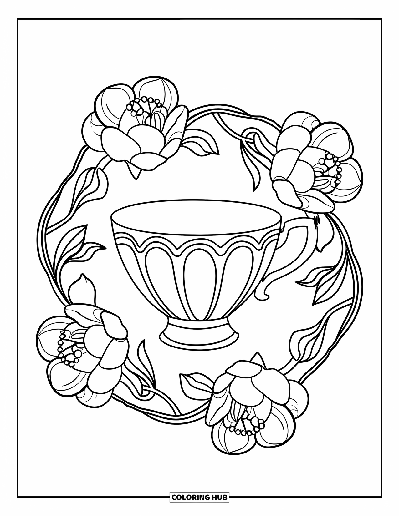 Preppy Coloring Page for Adults: A delicate teacup rests within a floral mandala of gardenias and blossoms