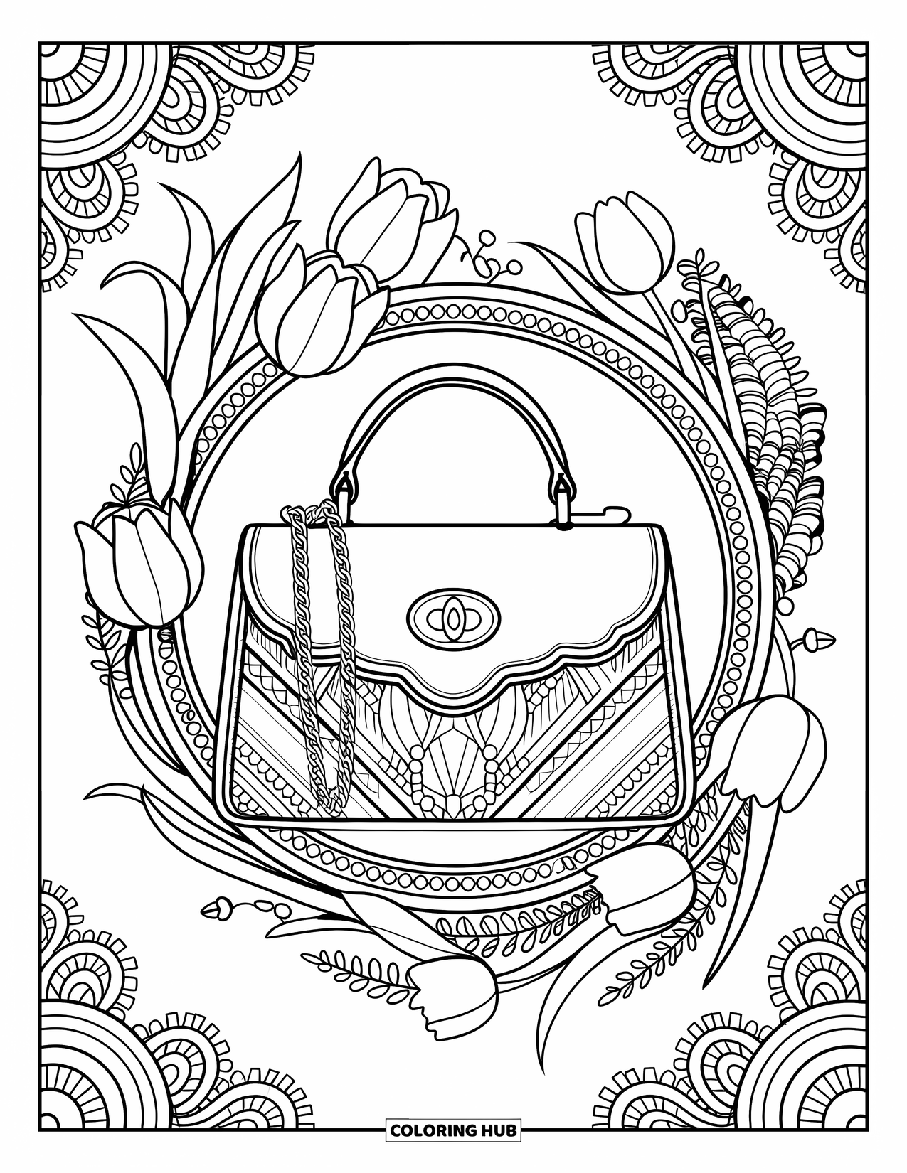 Preppy Coloring Page for Adults: A detailed floral mandala surrounds a preppy handbag with a chain strap