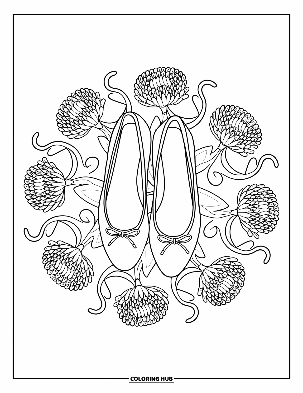 Preppy Coloring Page for Adults: A detailed mandala of heart leaves and flowers surrounds a pair of ballet flats