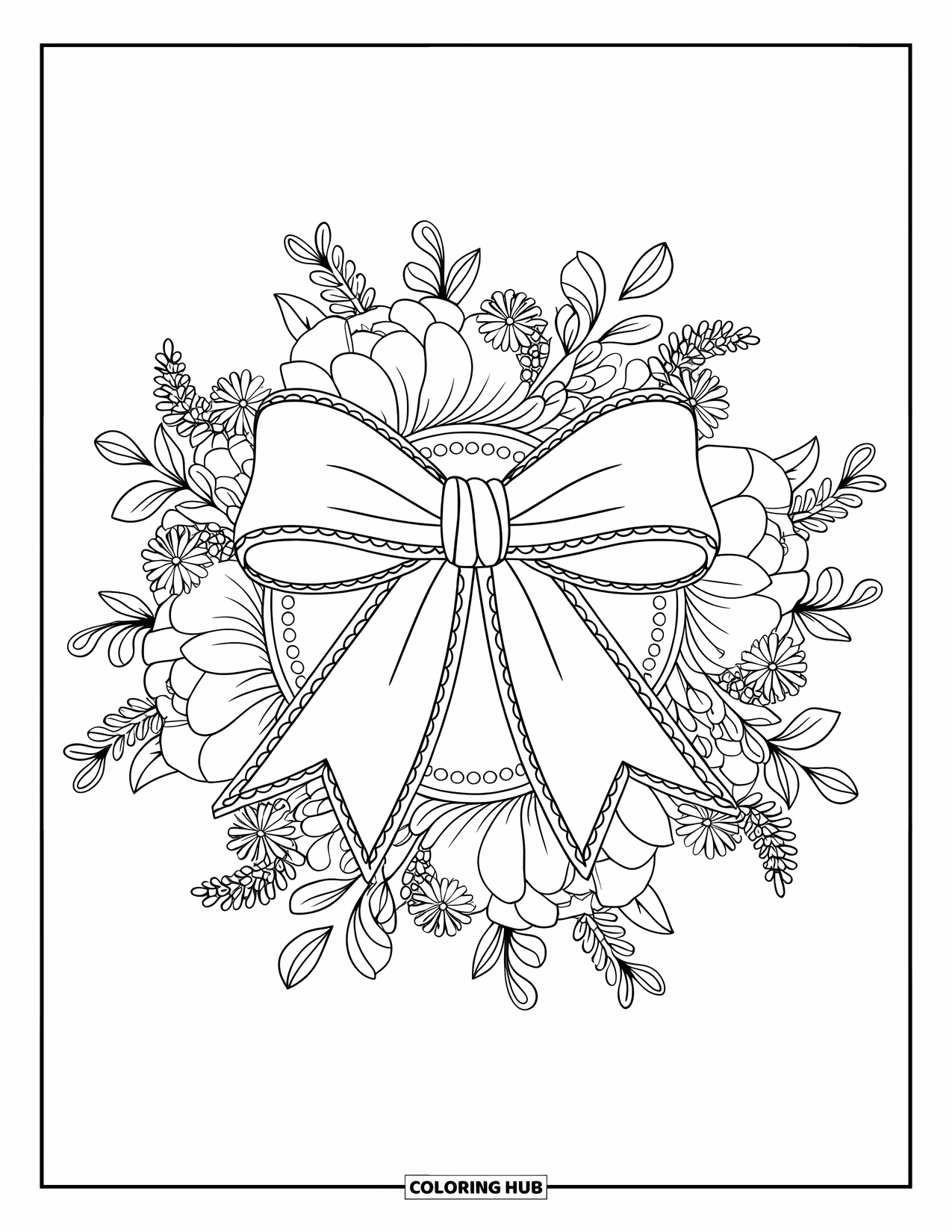 Preppy Coloring Page for Adults: A dotted-edge bow rests inside a wildflower mandala with leafy rings