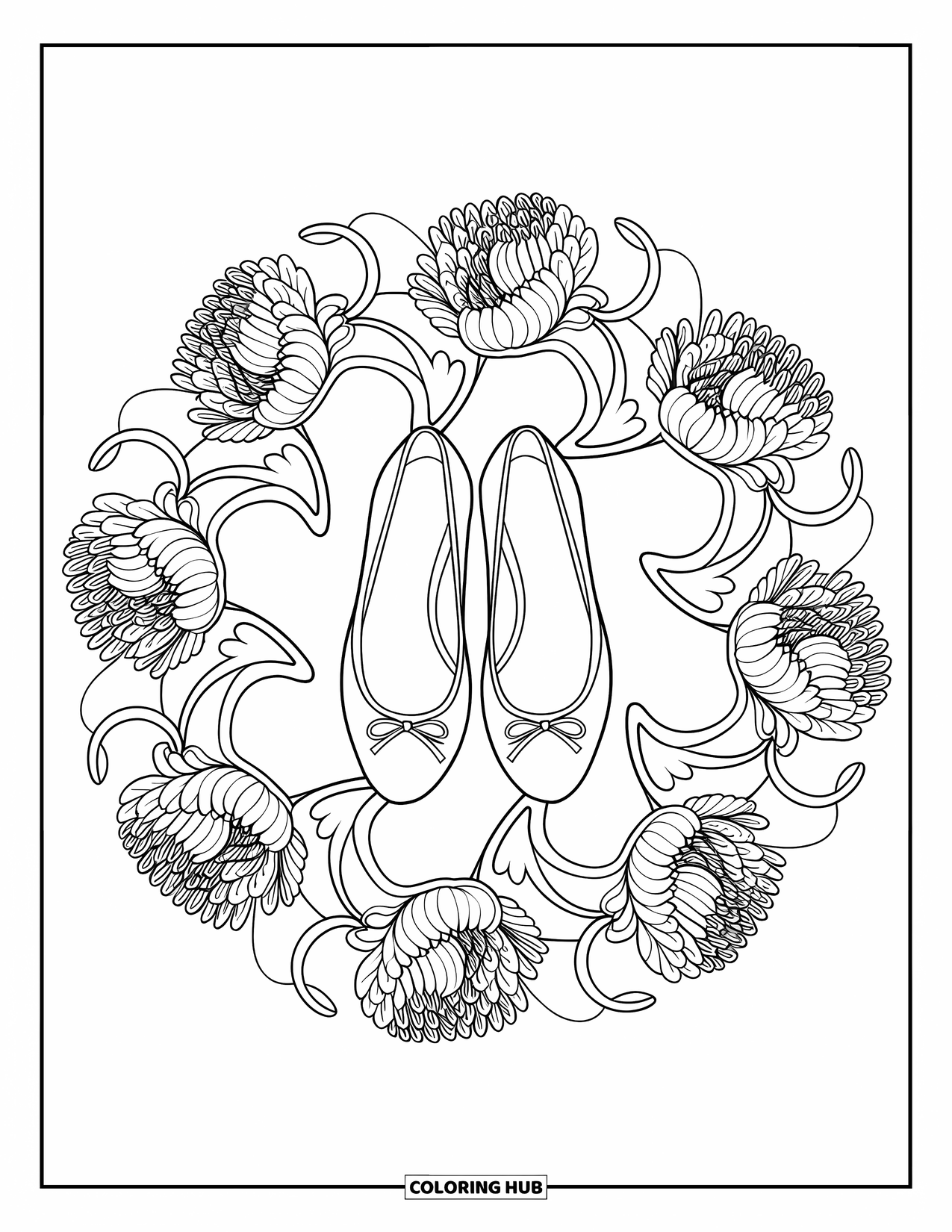 Preppy Coloring Page for Adults: A floral mandala frames a pair of tiny ballet flats with bow details