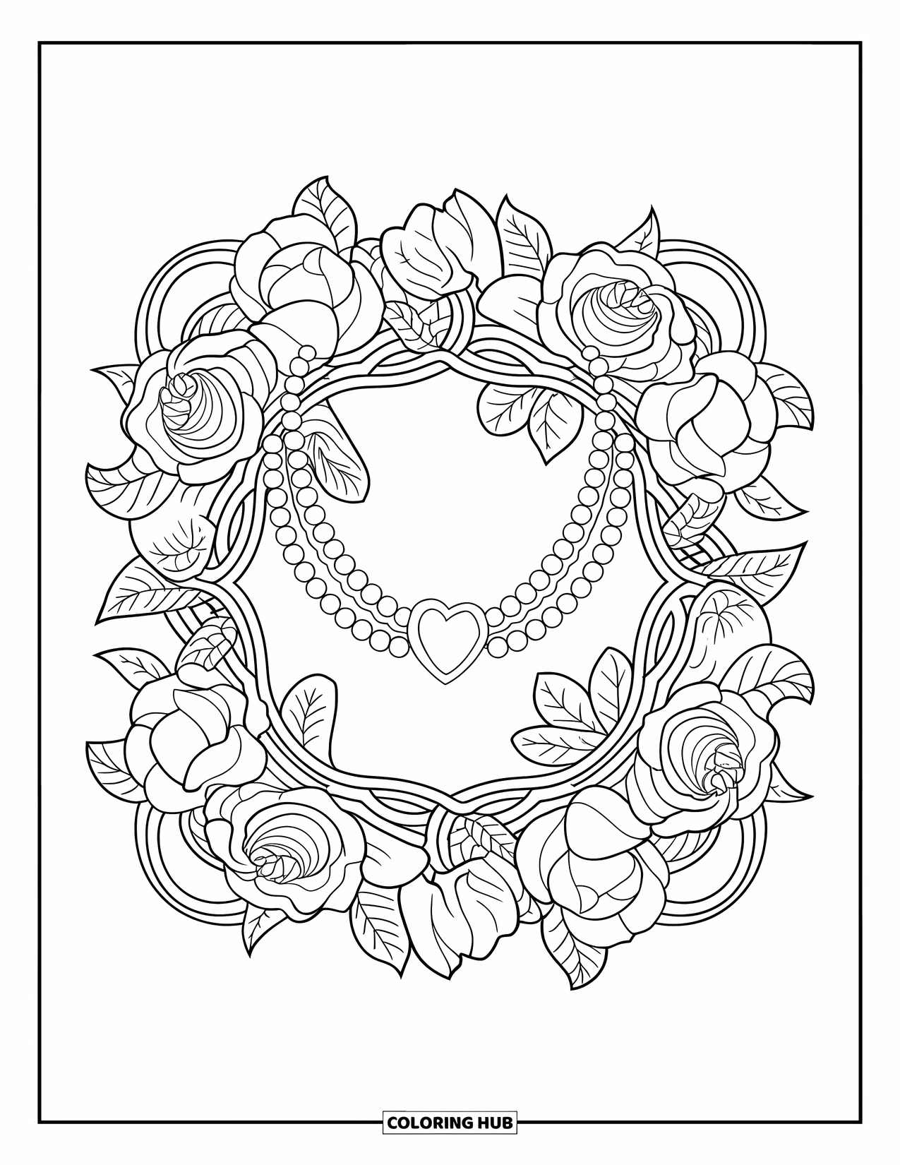 Preppy Coloring Page for Adults: A floral mandala frames a preppy pearl necklace with a heart-shaped clasp