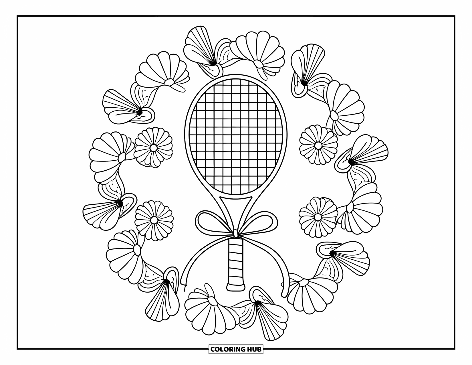Preppy Coloring Page for Adults: A floral mandala frames a tennis racket tied with a delicate ribbon