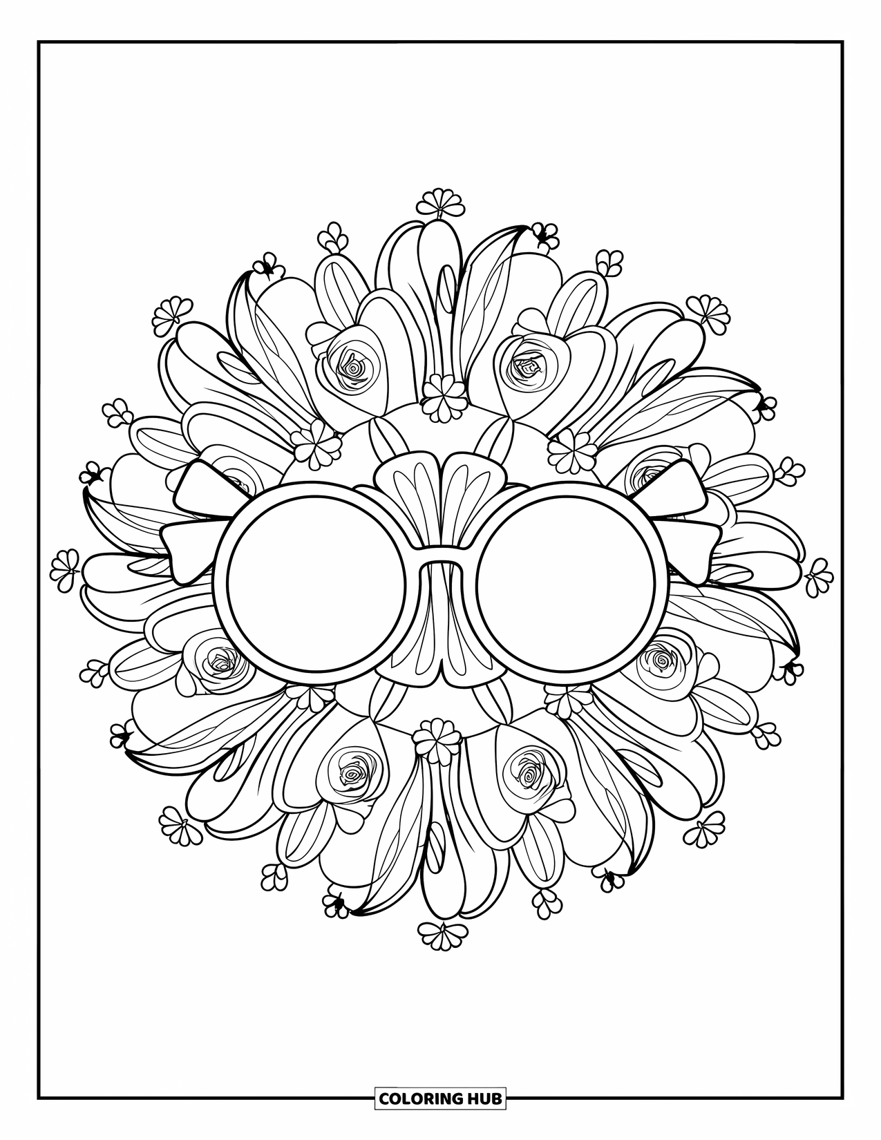 Preppy Coloring Page for Adults: A floral mandala of lilies and roses surrounds a pair of stylish sunglasses