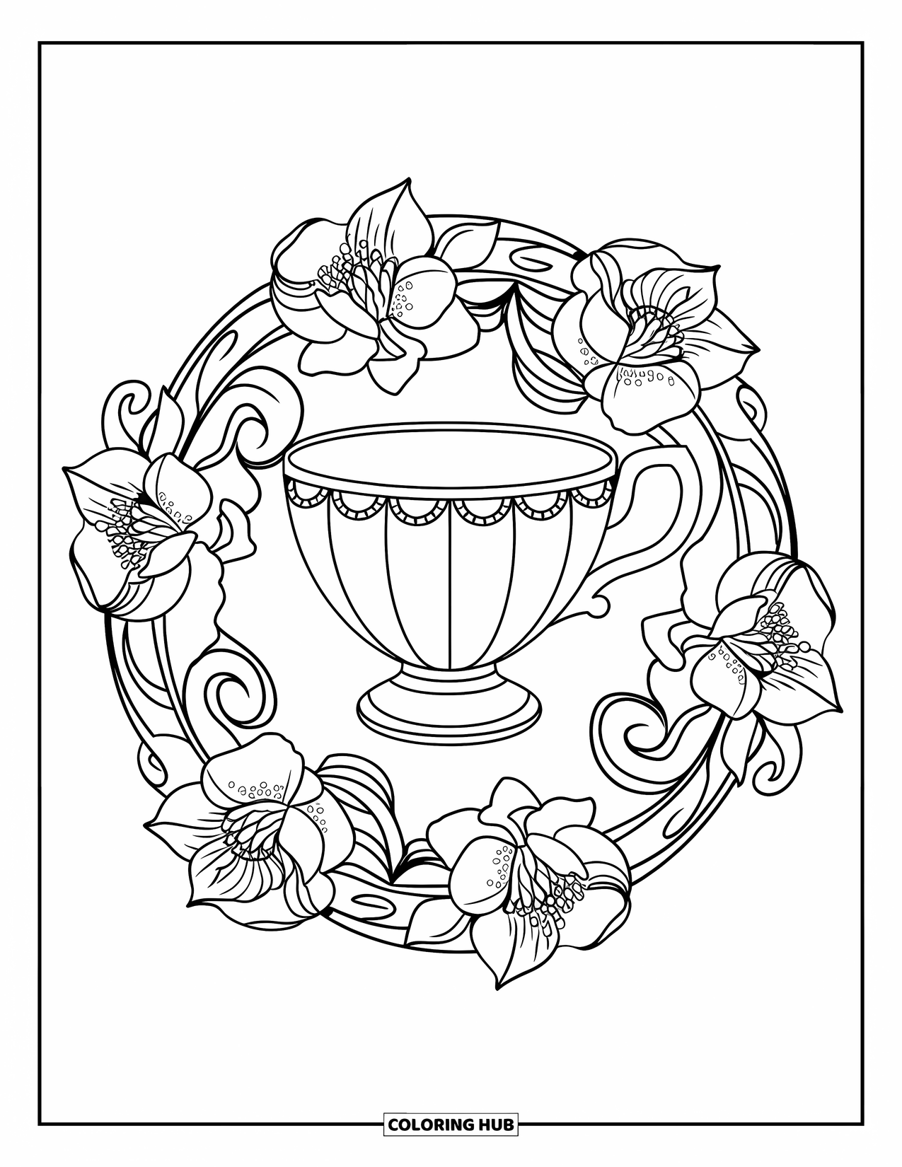 Preppy Coloring Page for Adults: A gardenia-filled mandala surrounds a preppy teacup with scalloped edges