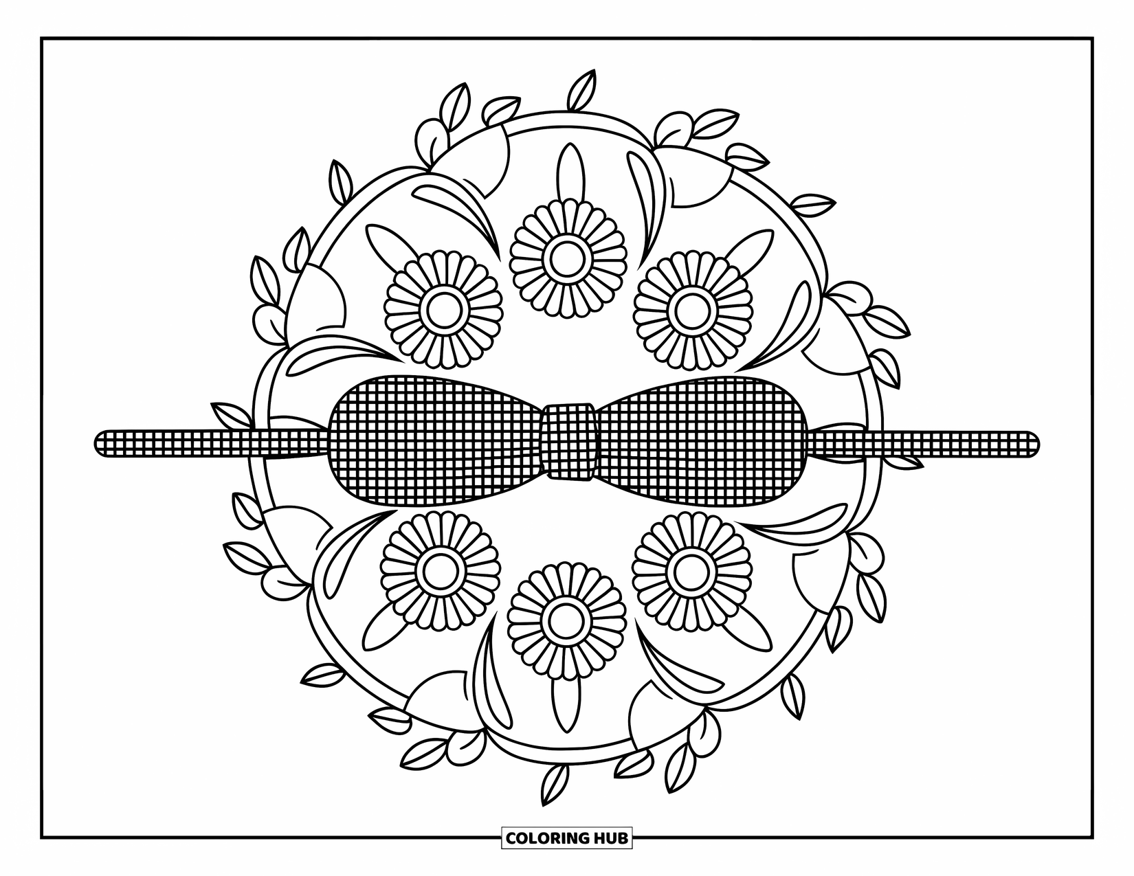Preppy Coloring Page for Adults: A gingham headband rests at the center of a sunflower-filled mandala