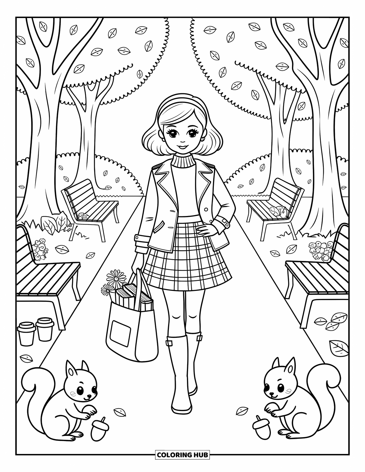 Preppy Coloring Page for Adults: A girl in boots and a trench coat walks through a leaf-covered park with warm charm