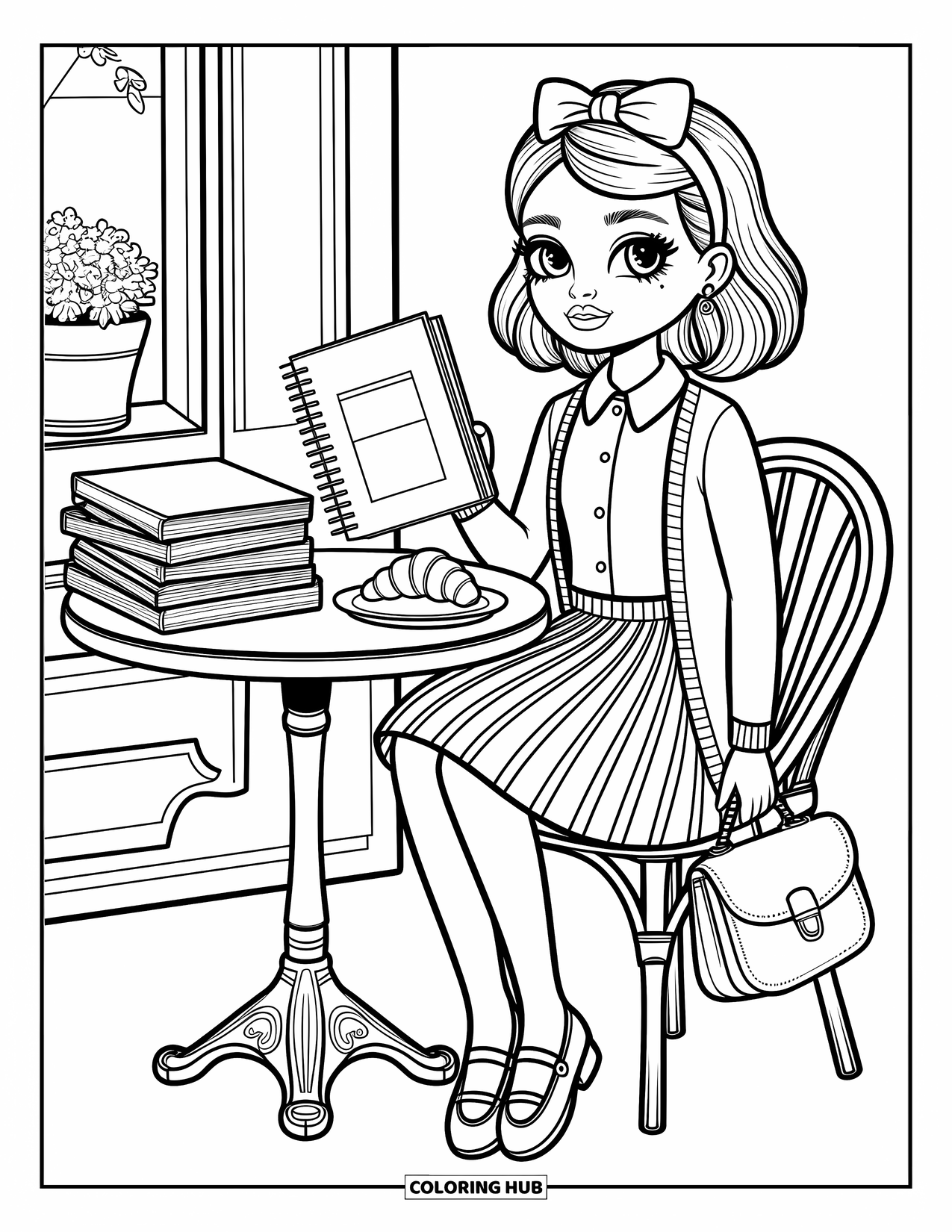 Preppy Coloring Page for Adults: A girl with a bow headband sips coffee beside magazines and her favorite bag