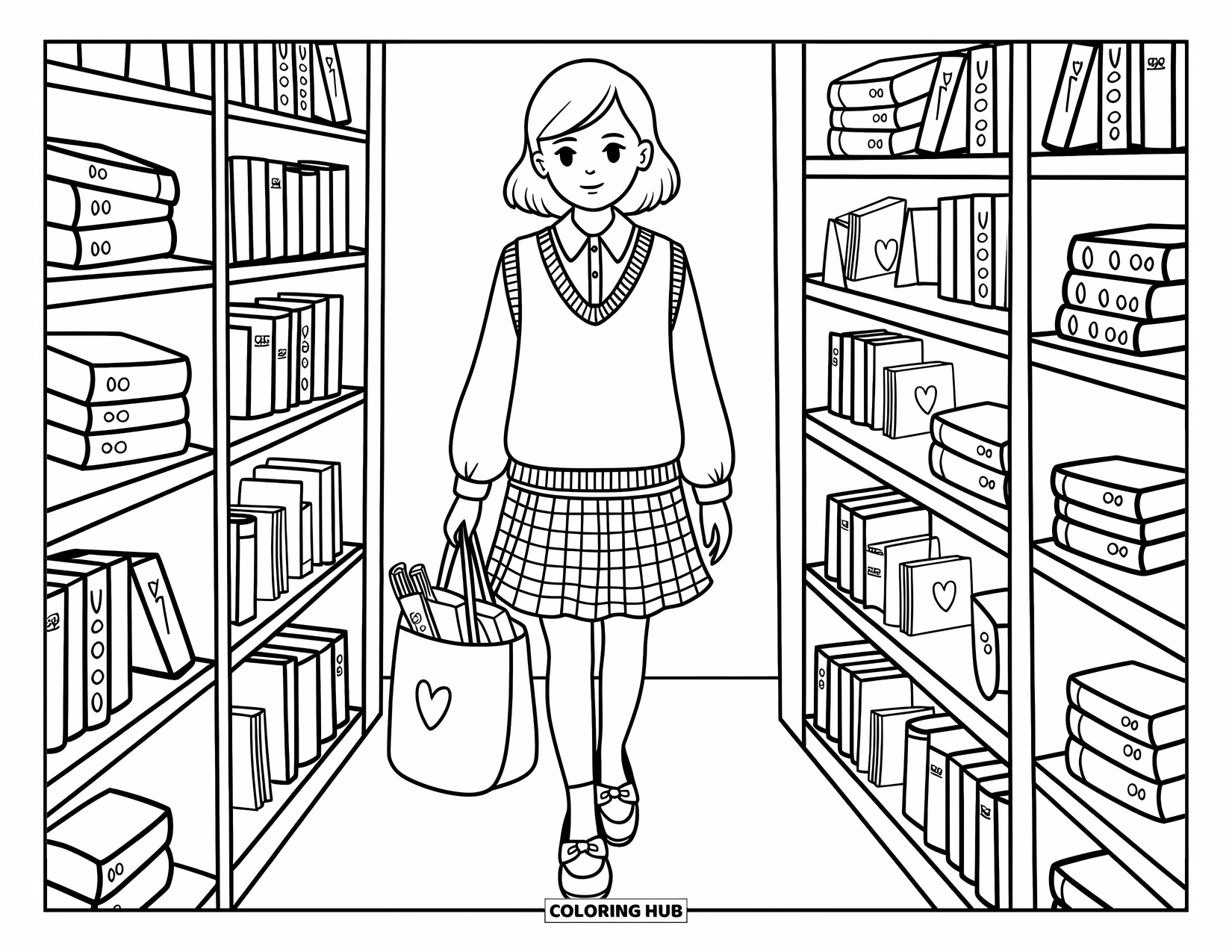 Preppy Coloring Page for Adults: A girl with a tote full of books walks past heart-decorated shelves in a bookshop
