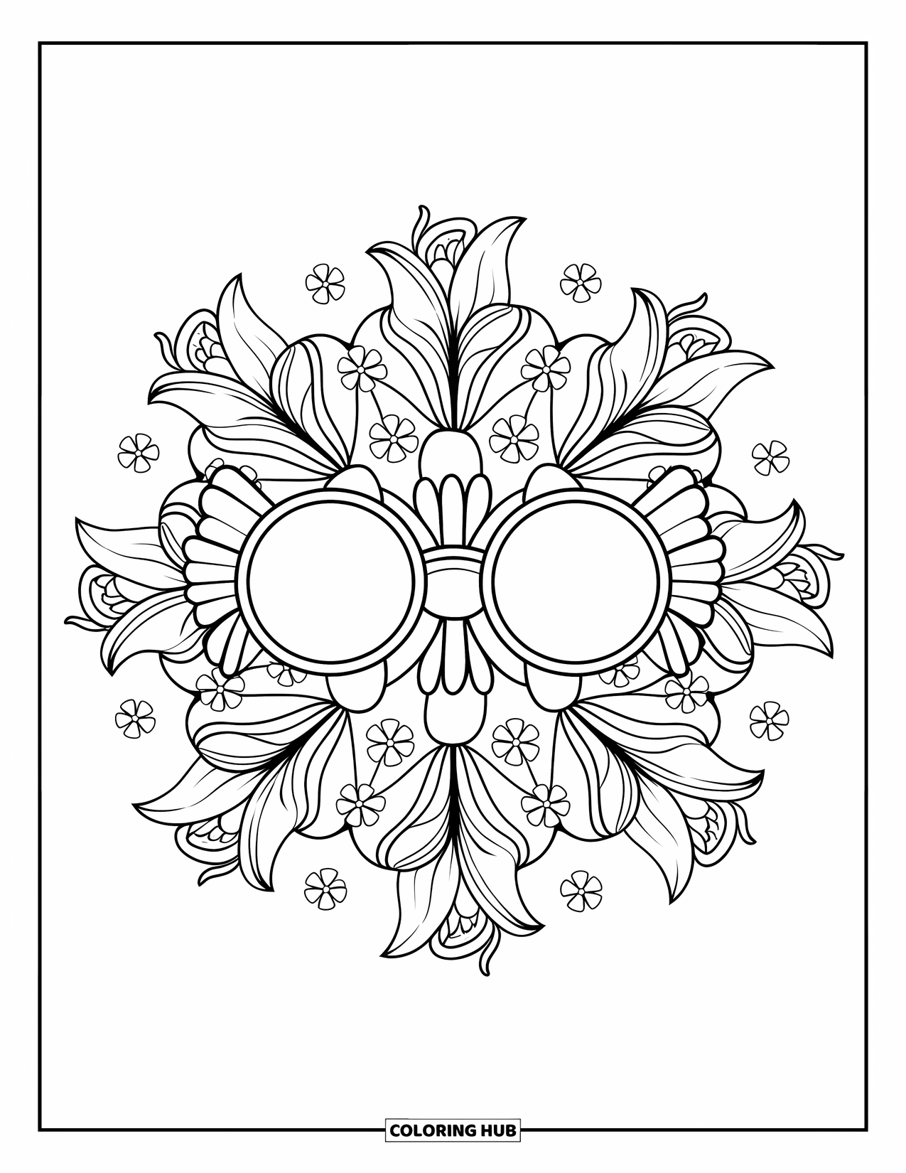 Preppy Coloring Page for Adults: A mandala of flowers and clovers features sunglasses with rounded lenses and bows