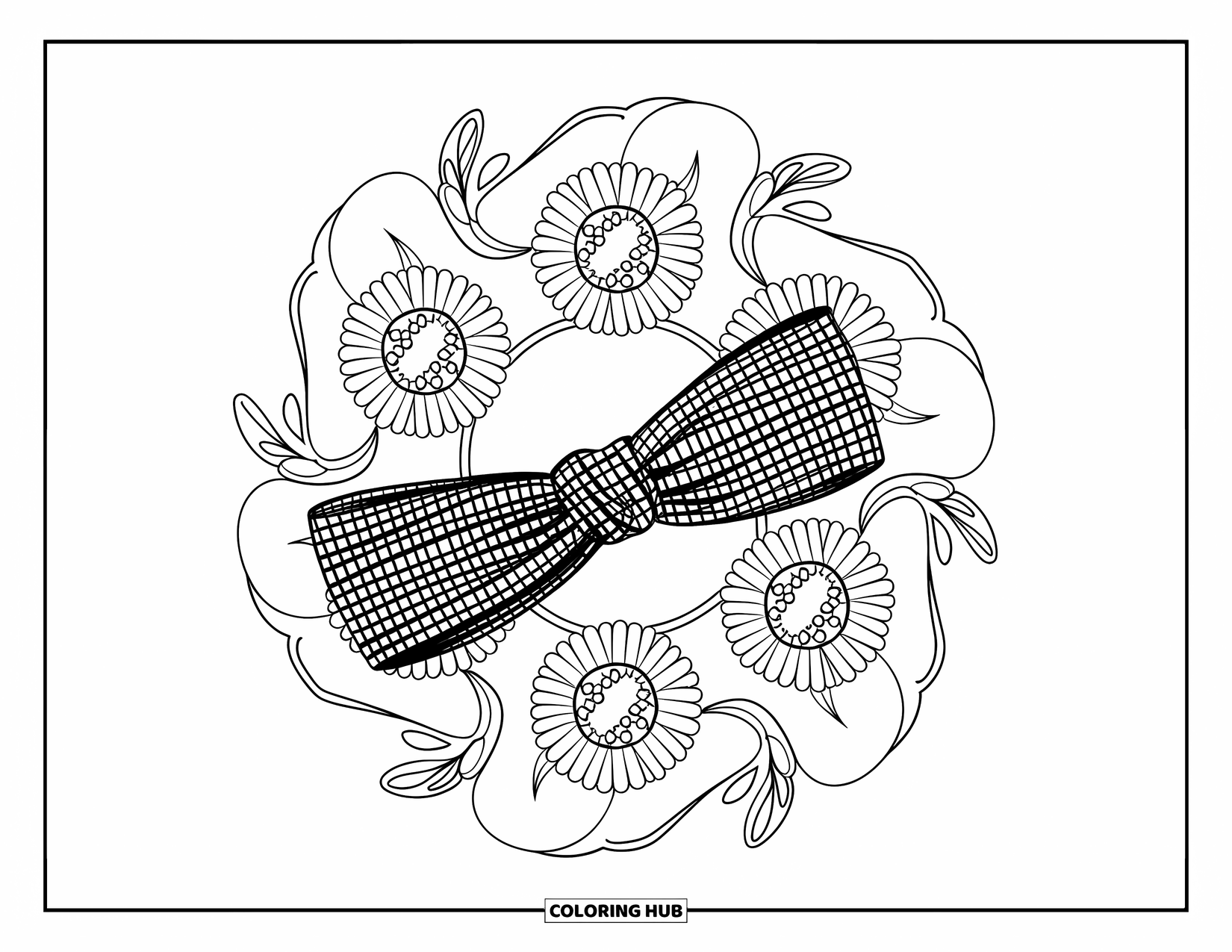 Preppy Coloring Page for Adults: A mandala of sunflowers and spirals surrounds a gingham headband