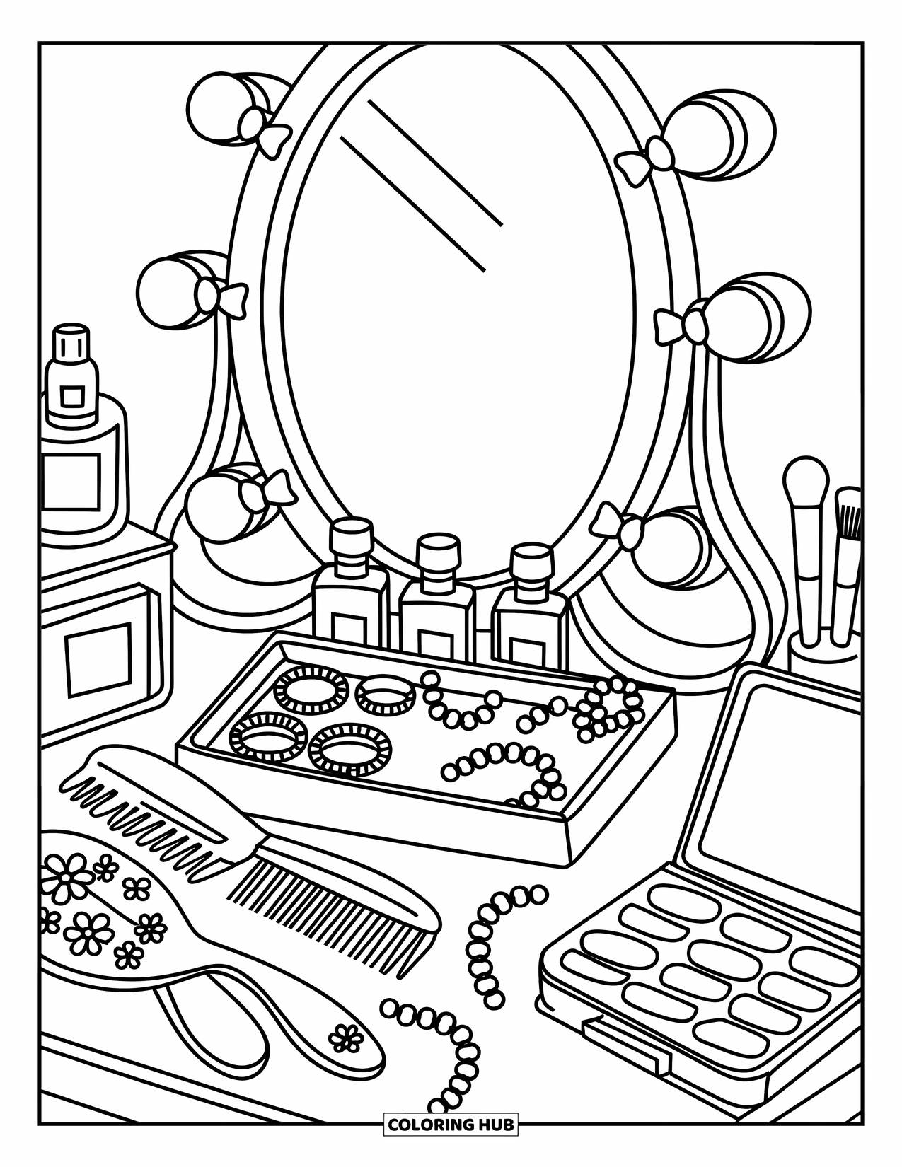 Preppy Coloring Page for Adults: A mirror framed in bows sits above perfume bottles and dainty beauty items