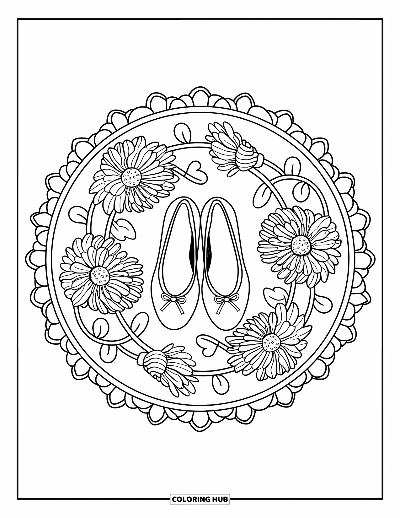 Preppy Coloring Page for Adults: A pair of ballet flats sits at the center of a flower-filled mandala