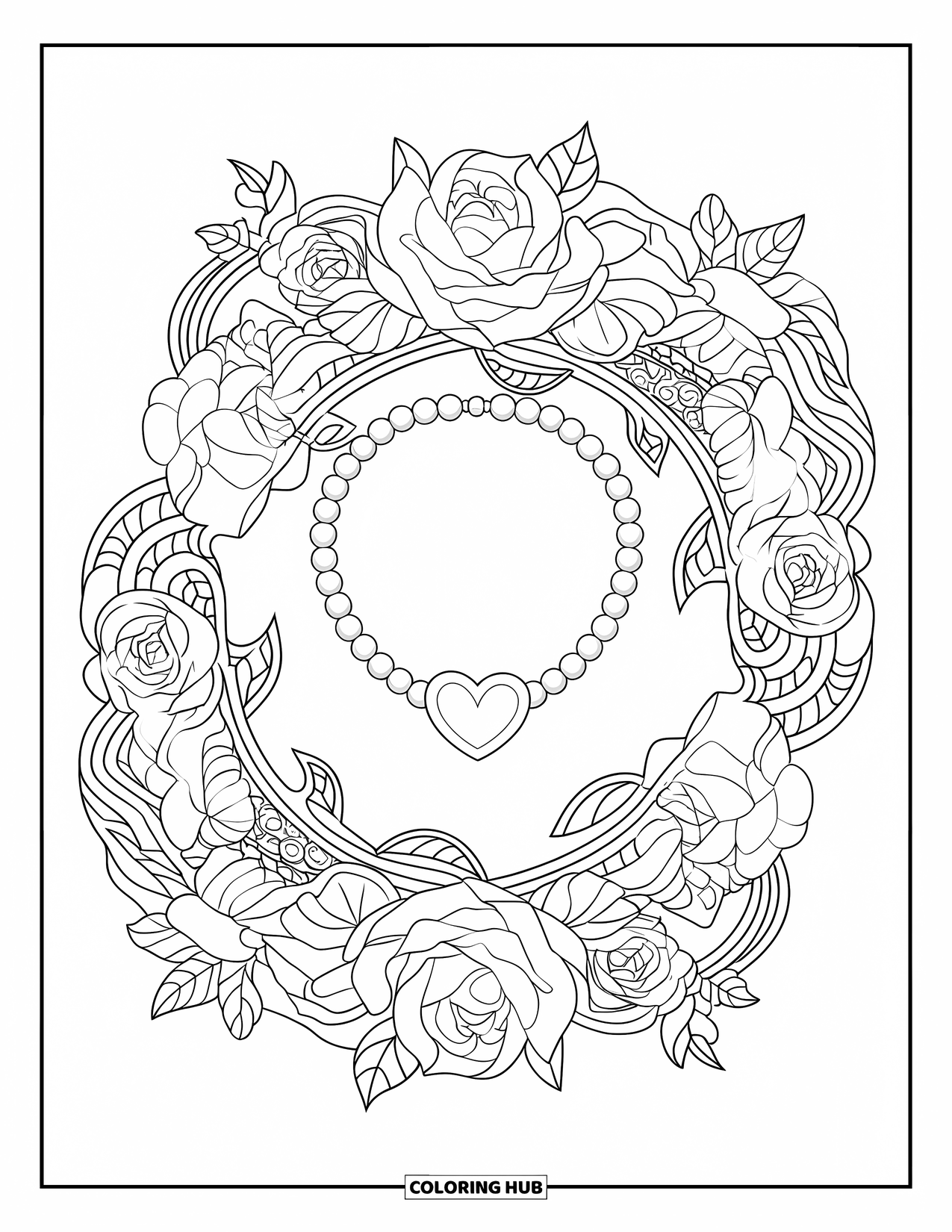 Preppy Coloring Page for Adults: A pearl necklace sits in a mandala filled with roses and camellia blooms