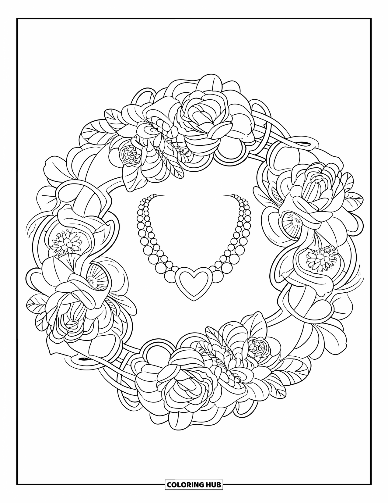 Preppy Coloring Page for Adults: A pearl necklace with a heart clasp rests in a mandala of roses and vines