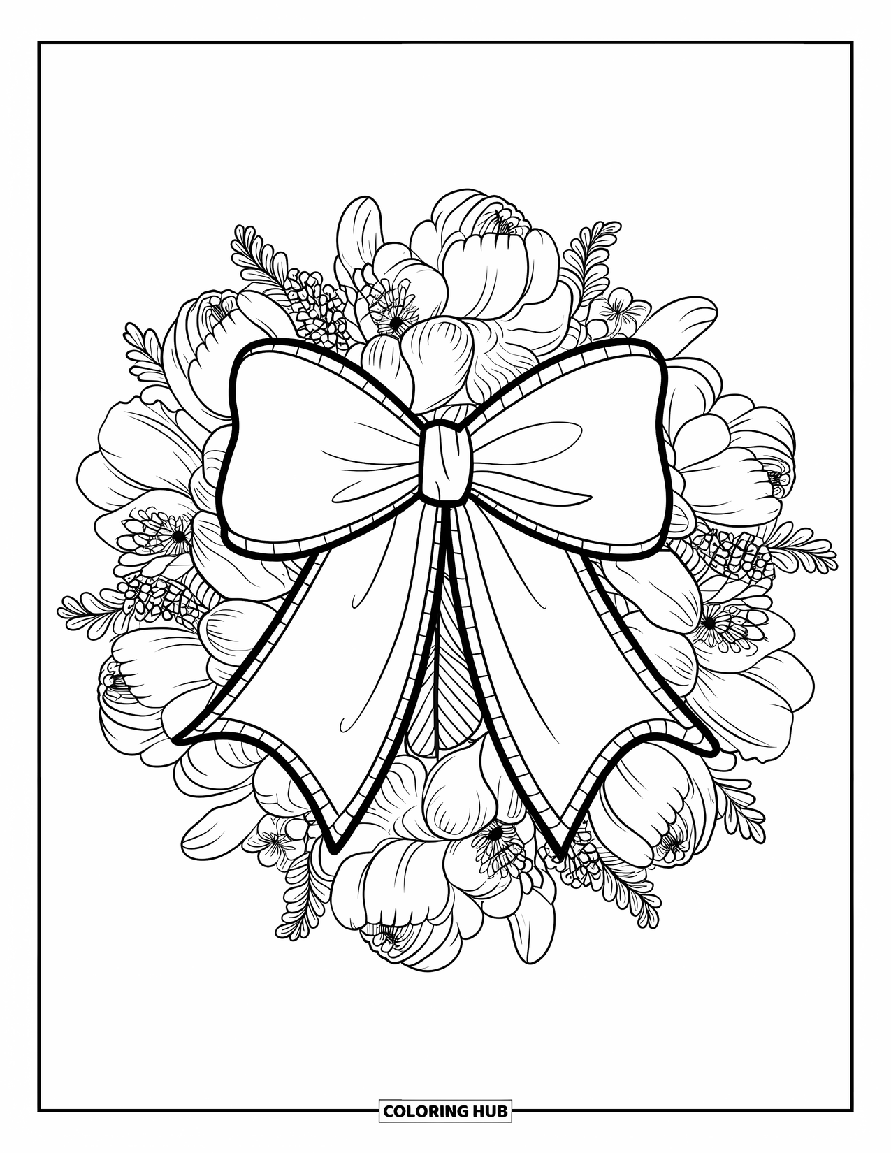 Preppy Coloring Page for Adults: A preppy bow sits at the center of a mandala filled with peonies and wildflowers