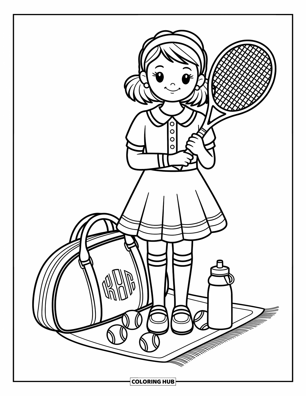 Preppy Coloring Page for Adults: A preppy girl poses with a tennis racket and monogrammed bag on the court