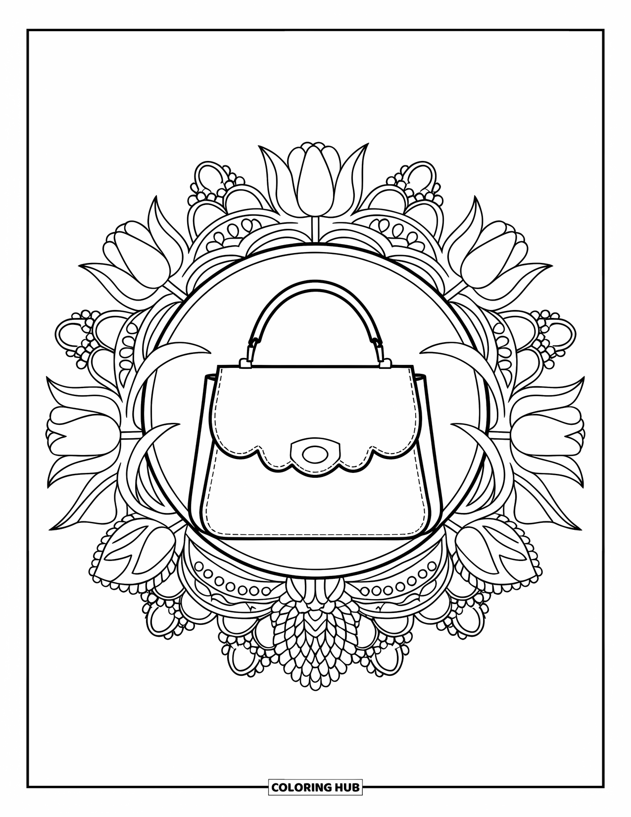 Preppy Coloring Page for Adults: A preppy handbag rests in the middle of a tulip and vine floral mandala