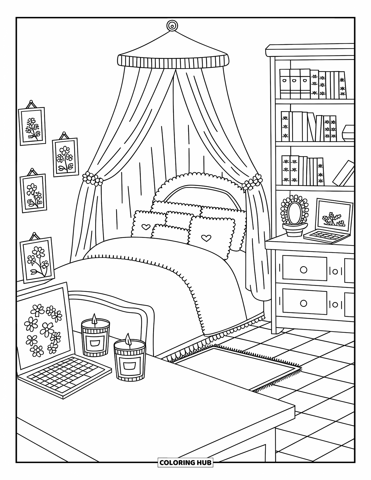 Preppy Coloring Page for Adults: A preppy room with soft pillows, candles, and a shelf full of cute decor