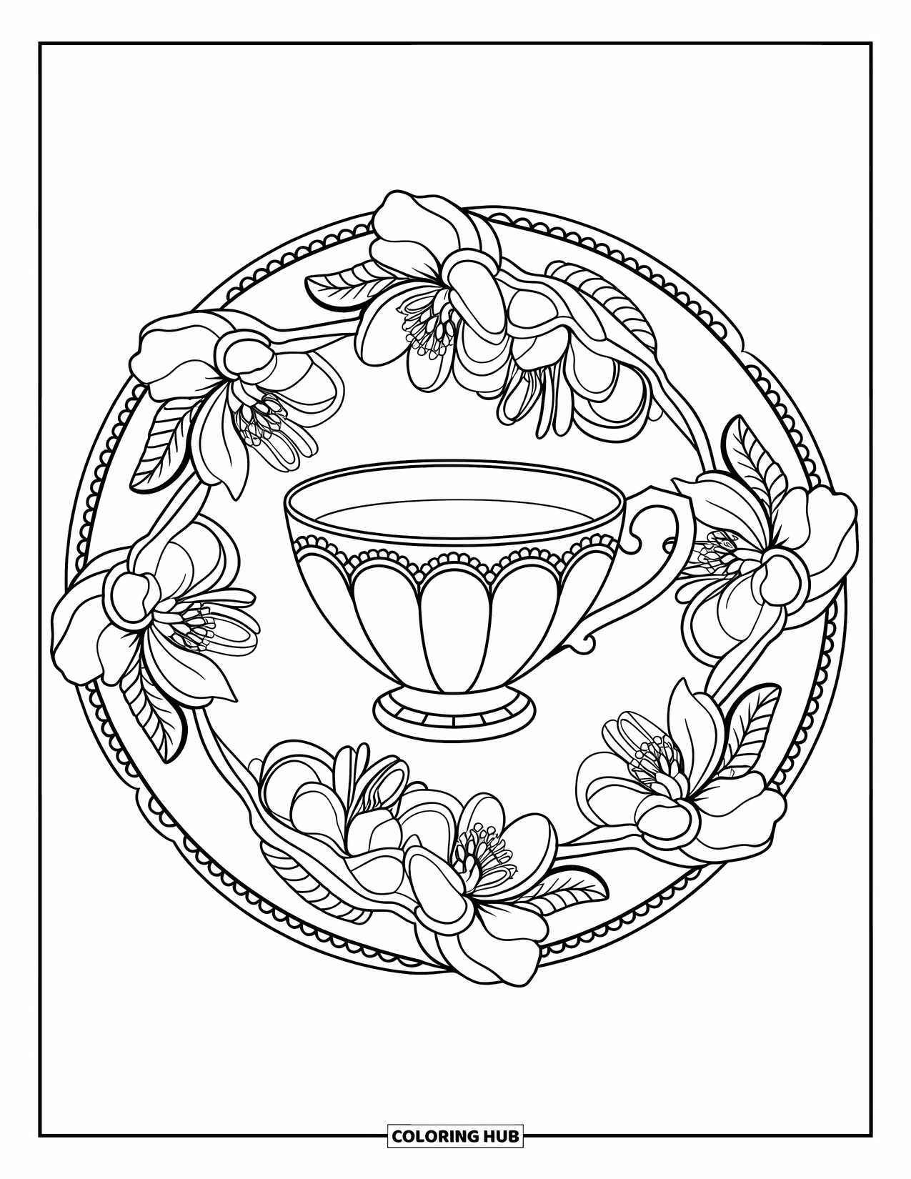 Preppy Coloring Page for Adults: A scalloped teacup sits at the center of a mandala with curling gardenias
