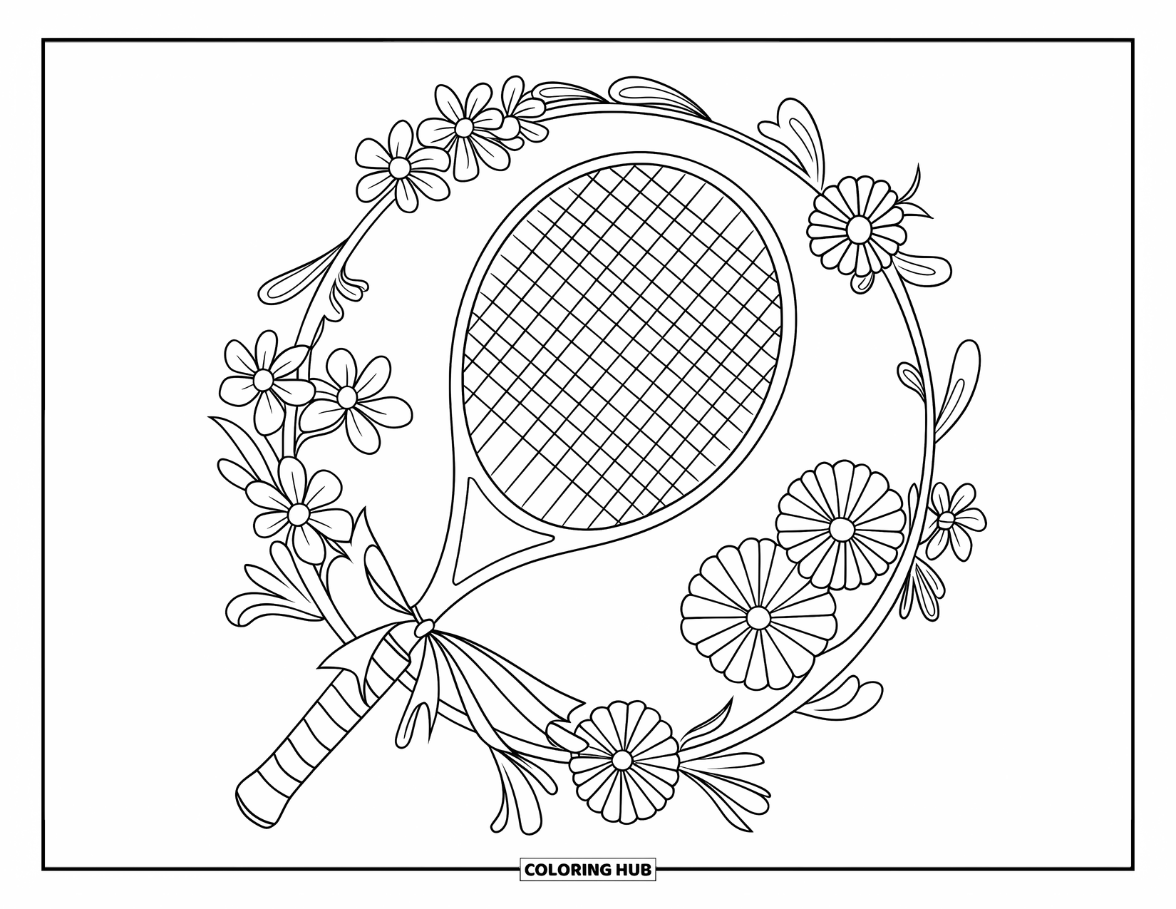 Preppy Coloring Page for Adults: A tennis racket with a ribbon lies in a mandala of jasmine and pansies