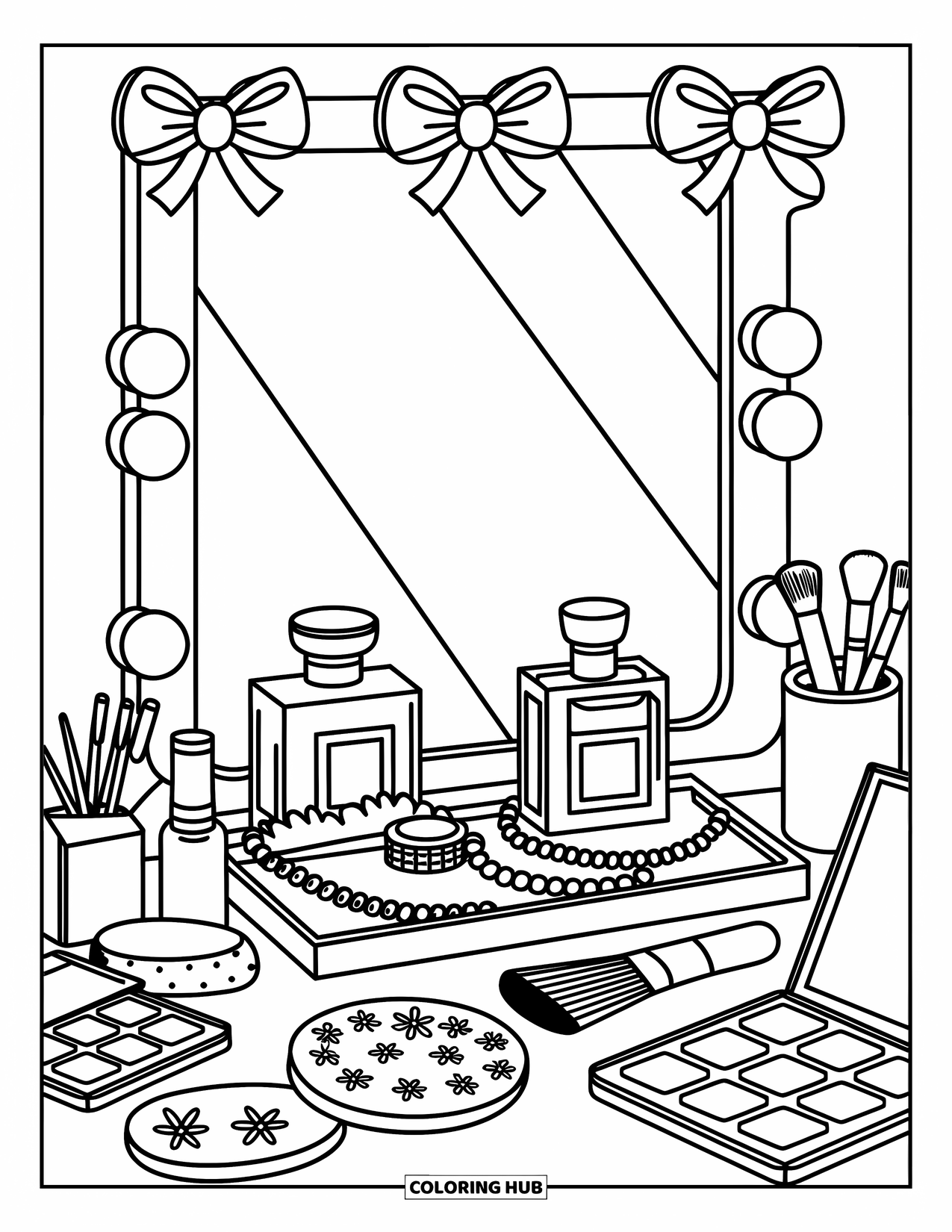 Preppy Coloring Page for Adults: A vanity with bow lights, perfumes, and makeup makes for a dreamy preppy scene